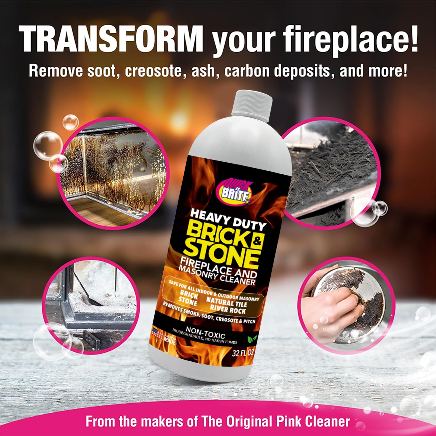 Quick'n Brite Fireplace Brick and Stone Cleaner 32oz with Scrub Brush - Natural Stone, Tile, and Marble Cleaner - Indoor Fireplace and Wood Stove