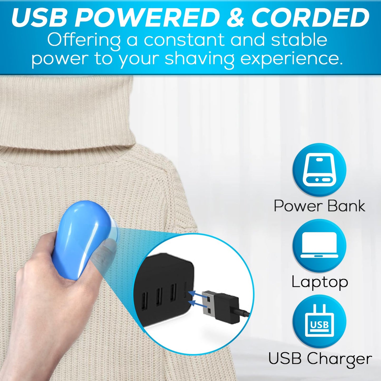 Fabric Shaver Lint Remover, AW union USB Powered Lint Shaver Efficiently Remove Lints from Fabrics, Clothes, Upholstery - 70" Cord - 2 Replacement