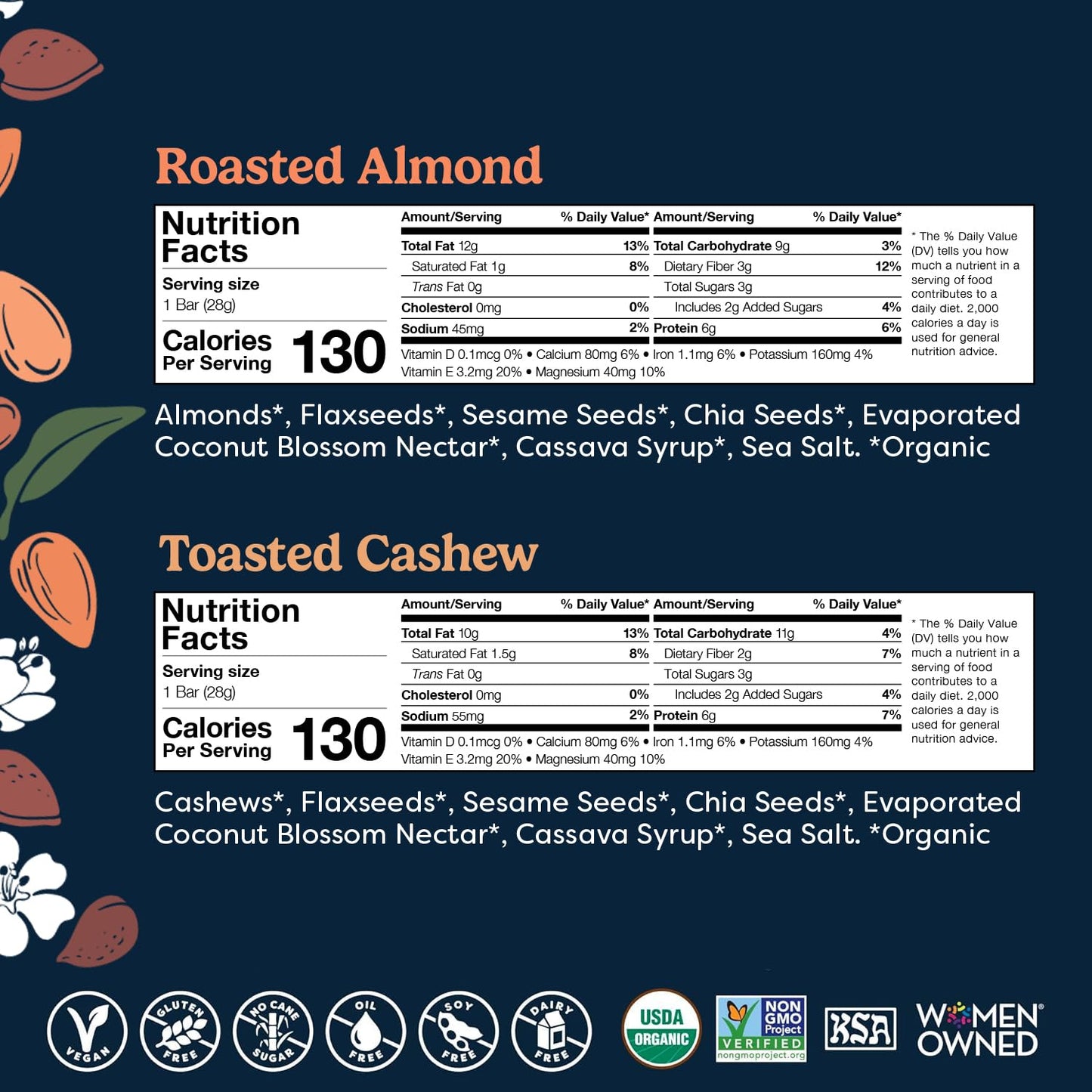 Tosi Almond and Cashew Protein Bars Combo, Plant Based with Nuts, Gluten-Free Crunchy Snacks, Vegan, Organic, Flax & Chia Seeds, Soy-Free, Omega 3s