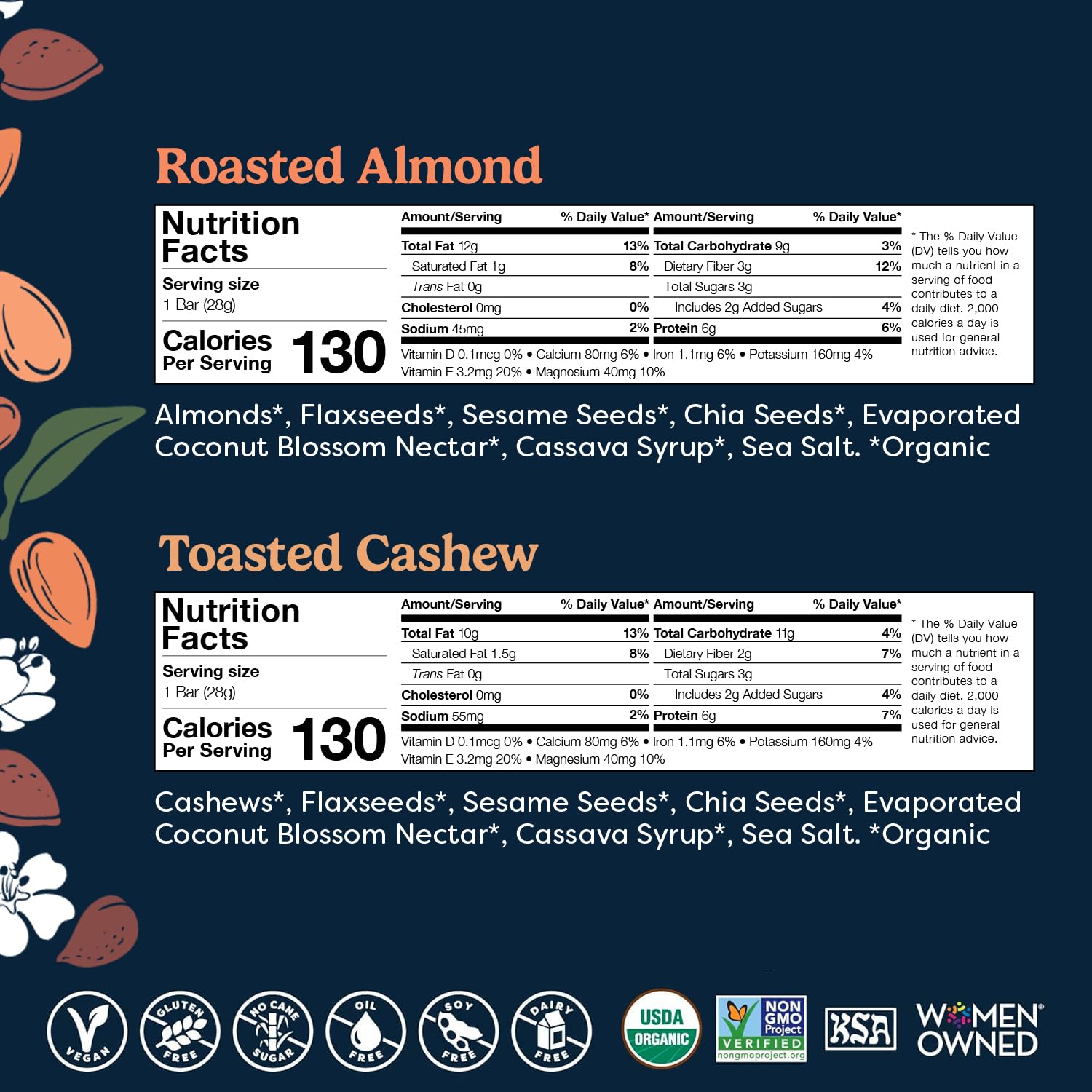 Tosi Almond and Cashew Protein Bars Combo, Plant Based with Nuts, Gluten-Free Crunchy Snacks, Vegan, Organic, Flax & Chia Seeds, Soy-Free, Omega 3s