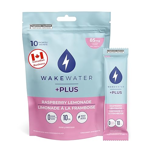 WakeWater Plus Energy Powder | Raspberry Lemonade, 10 x 5g sticks | Vitamins and Electrolytes | Natural Green Tea Caffeine | No Sugar or Artificial