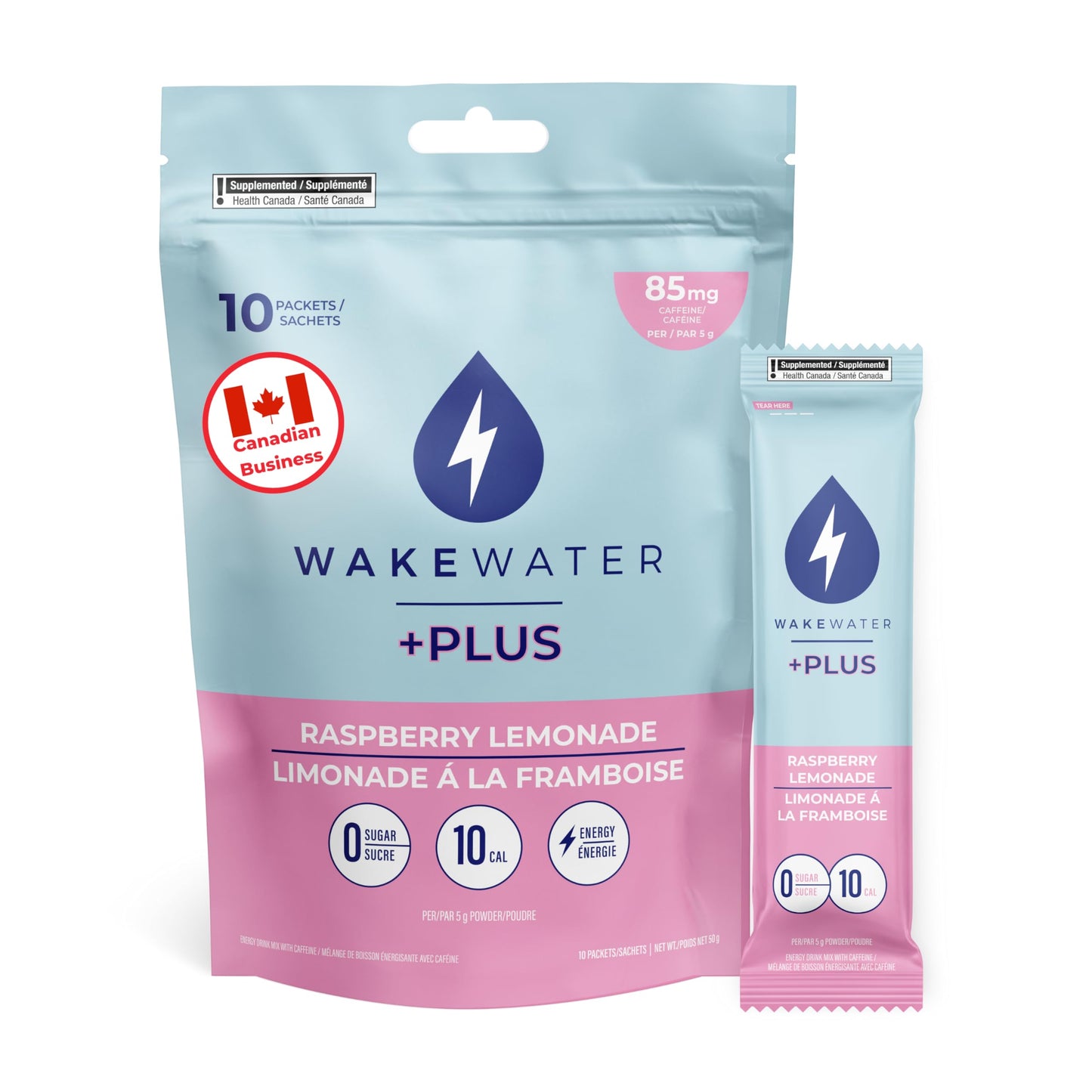 WakeWater Plus Energy Powder | Raspberry Lemonade, 10 x 5g sticks | Vitamins and Electrolytes | Natural Green Tea Caffeine | No Sugar or Artificial