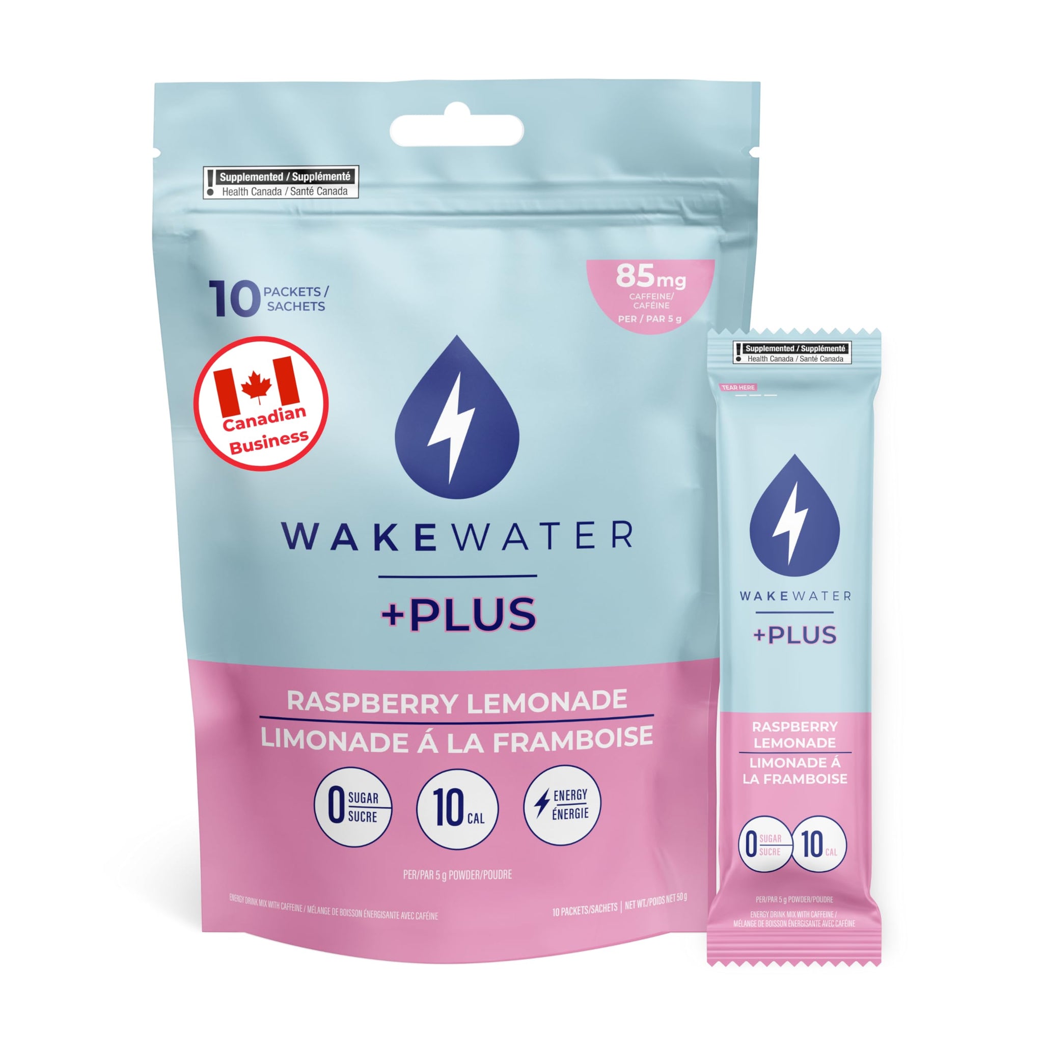 WakeWater Plus Energy Powder | Raspberry Lemonade, 10 x 5g sticks | Vitamins and Electrolytes | Natural Green Tea Caffeine | No Sugar or Artificial