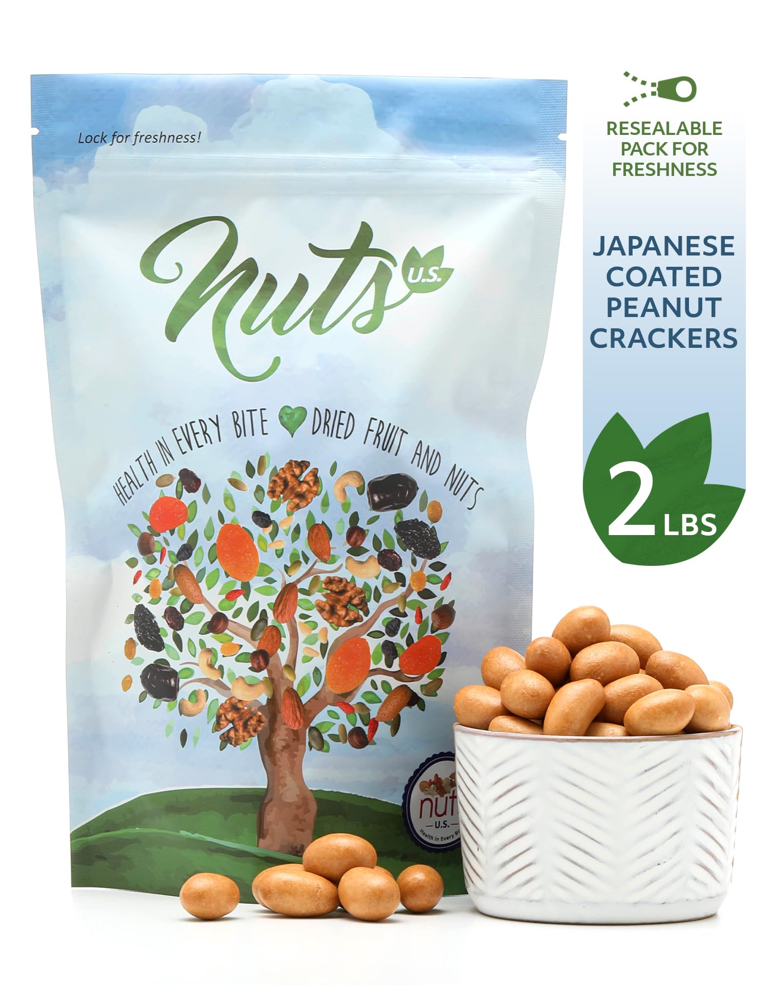 NUTS U.S. - Japanese Coated Peanut Crackers | Original Flavor | No Trans Fat and Non-GMO | Natural Snacks | Packed in a Resealable Bag!!! (Original, 2