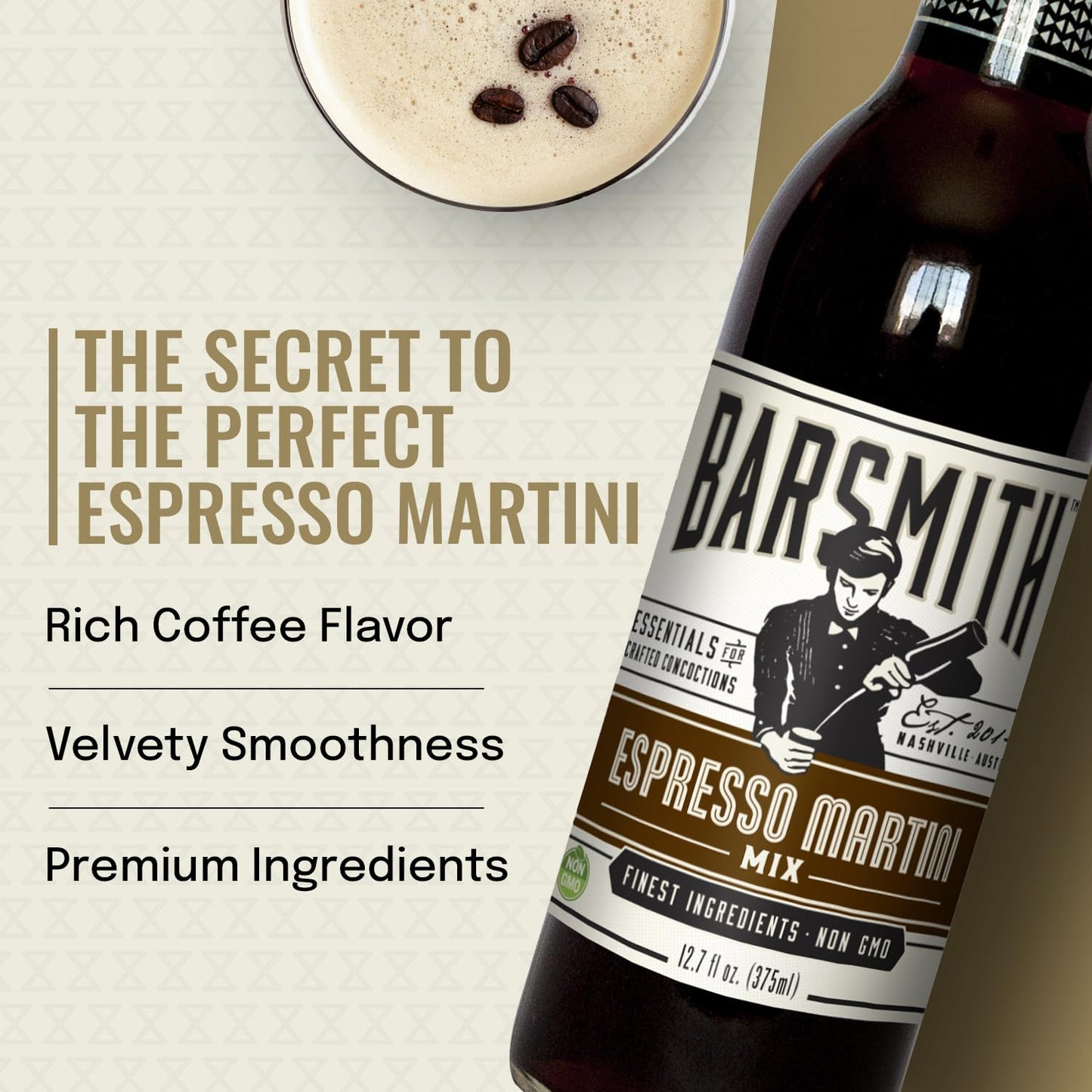 Barsmith Espresso Martini Mix - Cocktail Mixer w/Robust Espresso & Touch of Sweetness - Craft Bar-Quality Martinis at Home - Ideal for Iced Coffee