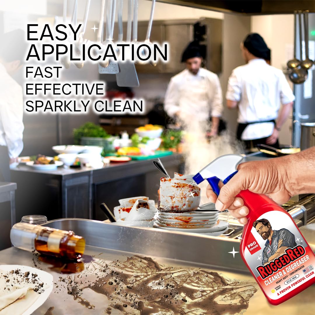 RuggedRed Industrial-Strength Cleaner & Degreaser - Heavy-Duty Kitchen Degreaser Spray for Chefs & Catering, USA-Made, Citrus Scent, 32oz (3 Bottles)
