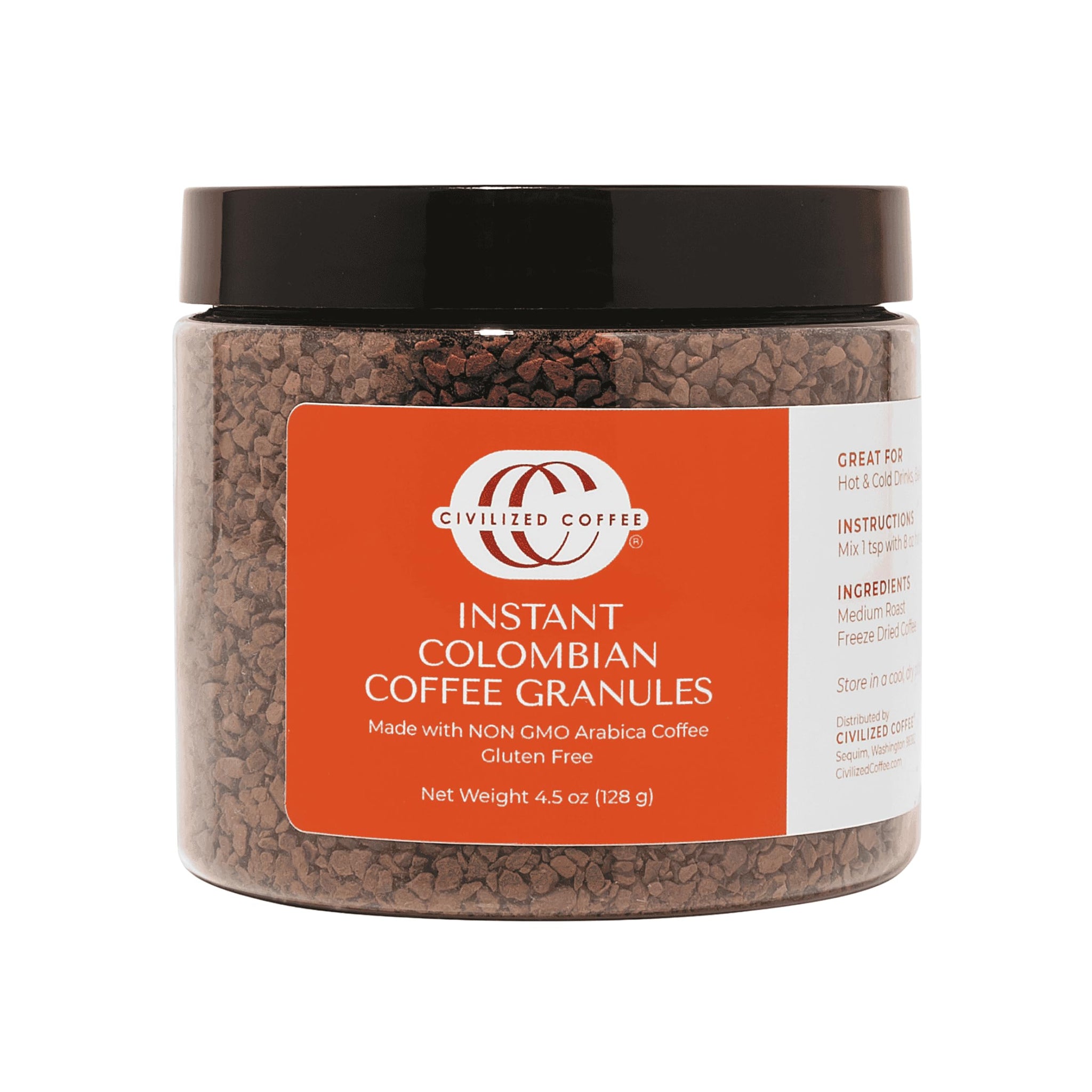 Civilized Coffee Instant Colombian Coffee Granules - Classic Roast, Non-GMO, 4.5 oz Jar (50 Servings)