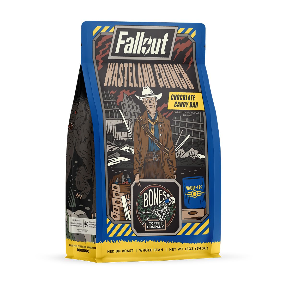 Bones Coffee Company Fallout Wasteland Crunch,Chocolate Candy Bar Flavored Coffee, Medium Roast Low Acid Arabica Beans Compatible with Auto drip