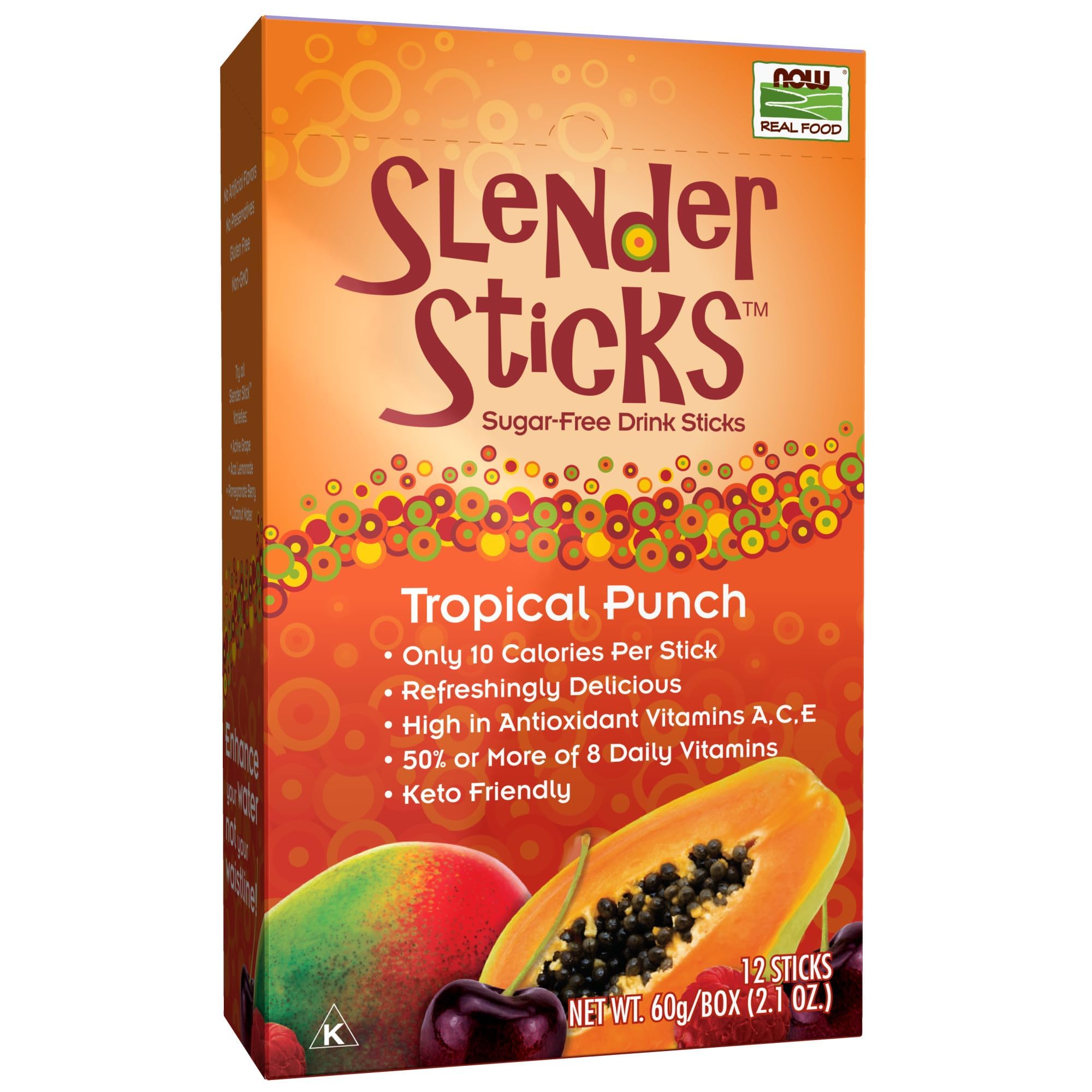 NOW Foods, Slender Sticks, Tropical Punch, 15 Calories Per Stick, Refreshingly Delicious, with Antioxidant Vitamins A,C, E, 12/Box