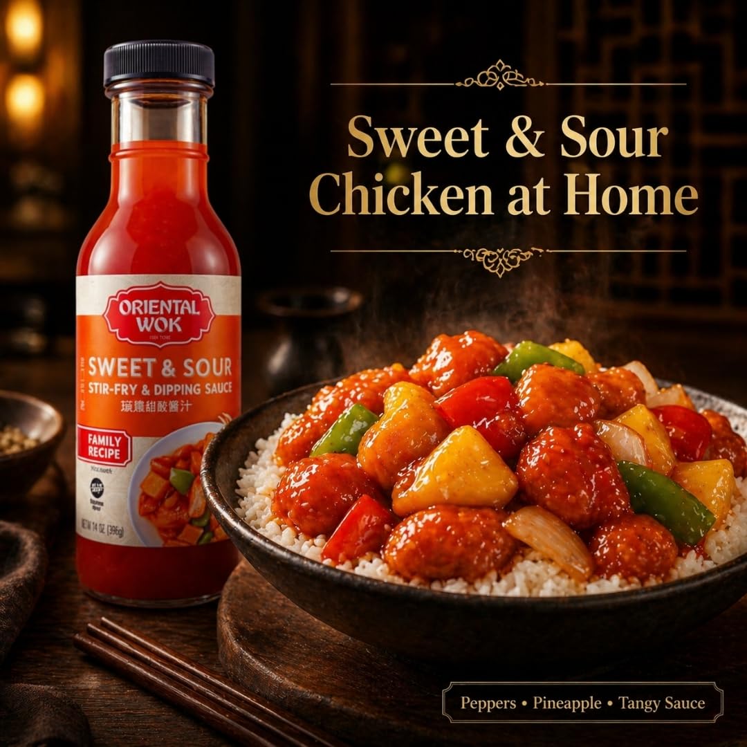 Oriental Wok Gourmet Sweet & Sour Stir-Fry & Dipping Sauce, W/Orange, Pineapple Juice, Apple & Ginger Flavor, Blend of Sweet & Tangy, 14 oz (1 Pack)