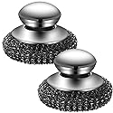 Onewly 2Pack Steel Wool Scrubber with Handle, Stainless Steel Scrubber for Cleaning Cast Iron, Dishes, Stock Pots, Pans, Griddles, Grills, Silver