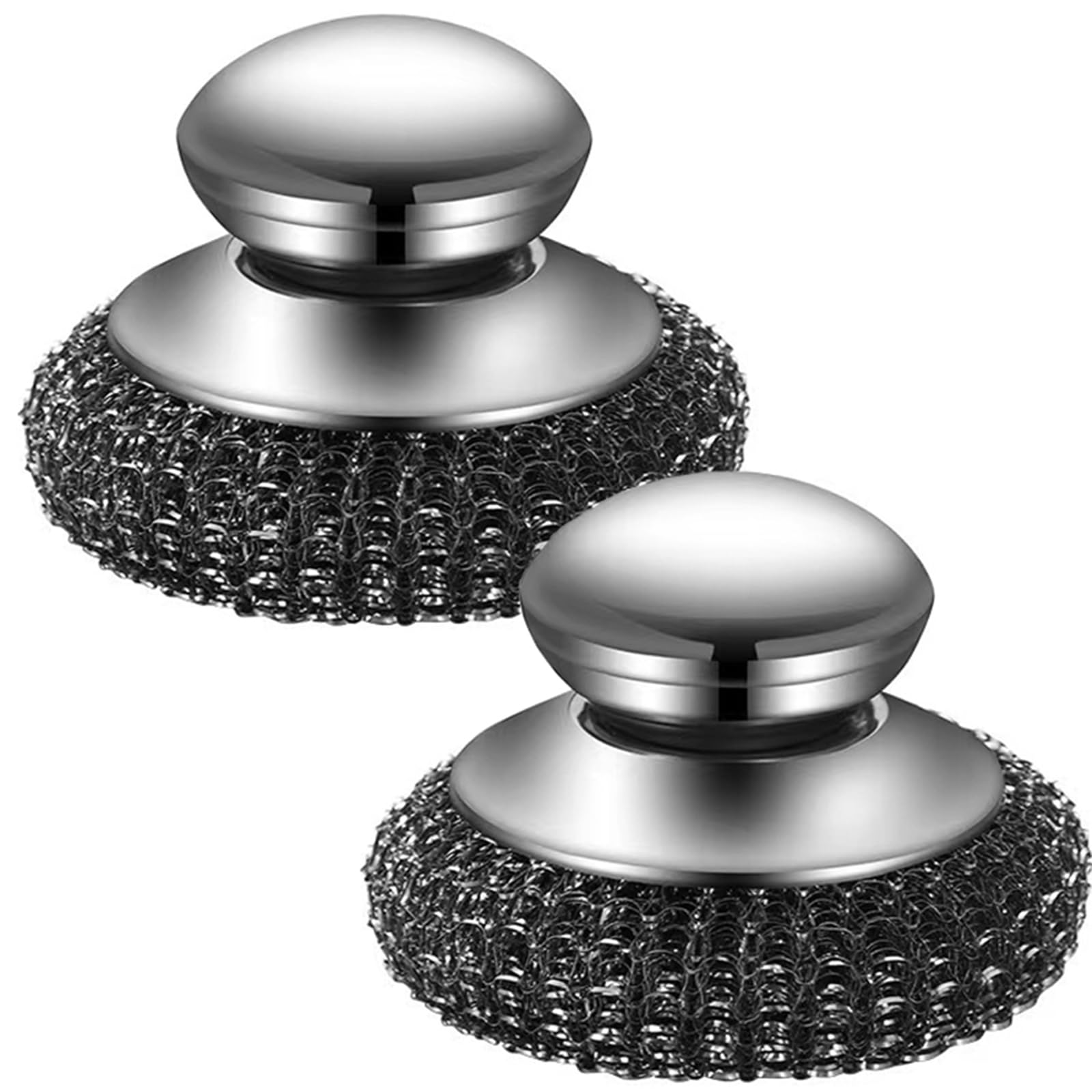 Onewly 2Pack Steel Wool Scrubber with Handle, Stainless Steel Scrubber for Cleaning Cast Iron, Dishes, Stock Pots, Pans, Griddles, Grills, Silver