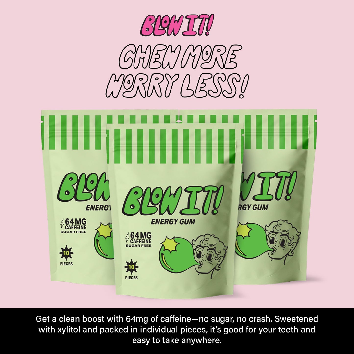 Blow It - Caffeinated Xylitol Gum - Intensified Energy and Focus Boost Effect - Green Coffee Bean Infused Sugar Free Gum - Zapple Flavor - 3-Pack (30