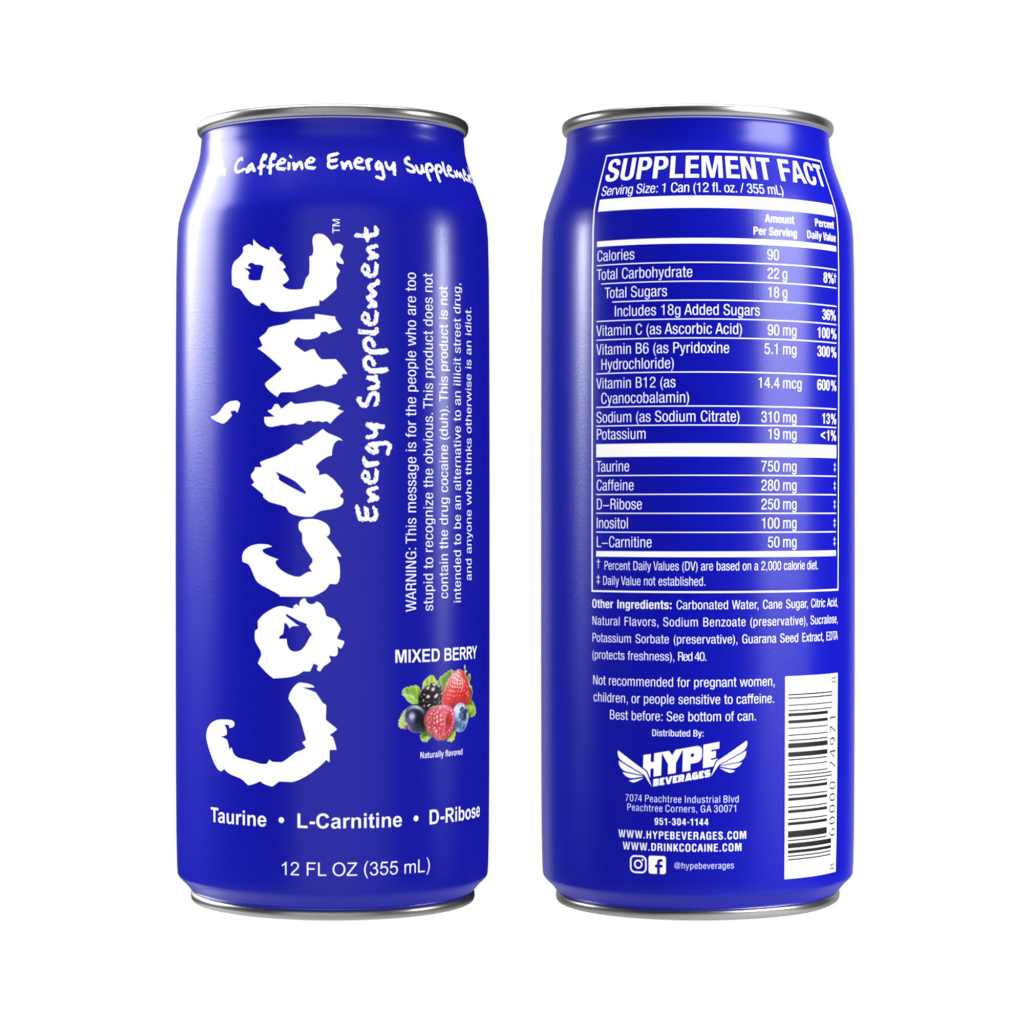 Hype Beverages Official Caffeinated Energy Drink - Healthy Energy Drinks with Taurine, L-Carnitine, Antioxidants, Vitamins, - 12 Oz Can - (Pack of 12
