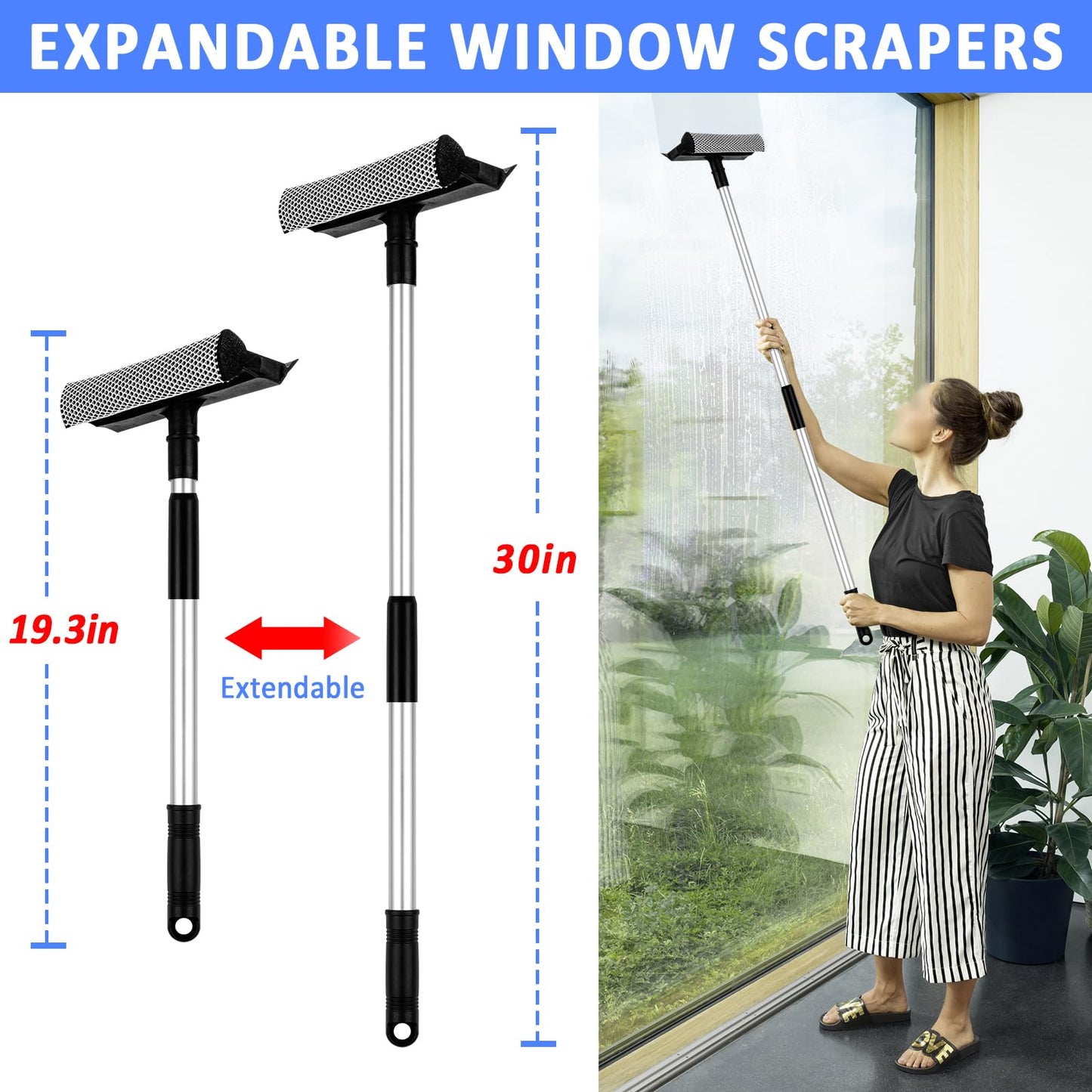 HLWDFLZ Microfiber Duster Kit 23pcs with 30 to 100 Inches Extension Pole and Extendable Window Squeegee, Washable and Bendable Feather Duster