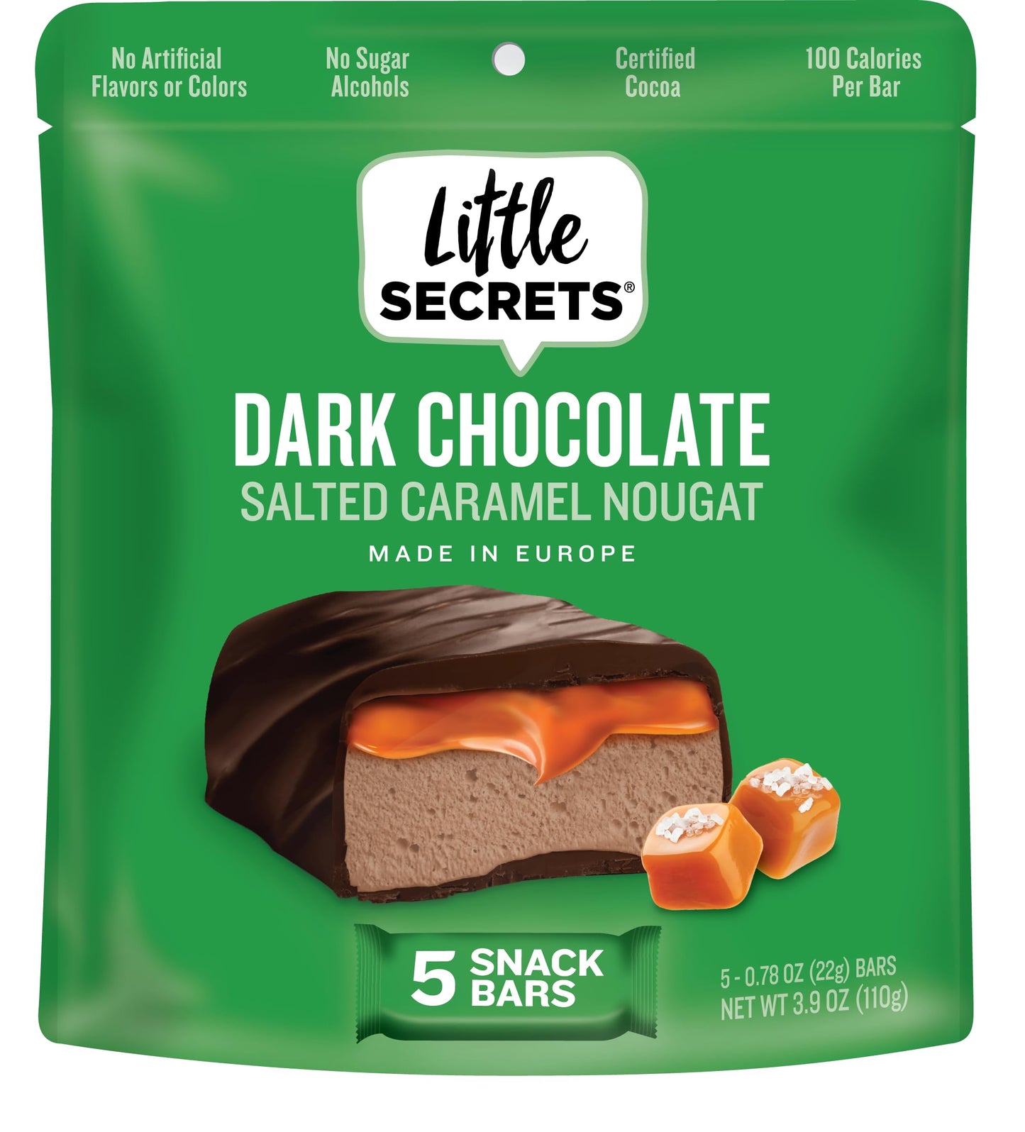 Little Secrets Dark Chocolate Caramel Nougat Bars | 5 Snack Bars | Made in Europe | Nothing Artificial & No Sugar Alcohols | Sustainable Cocoa | 3.9