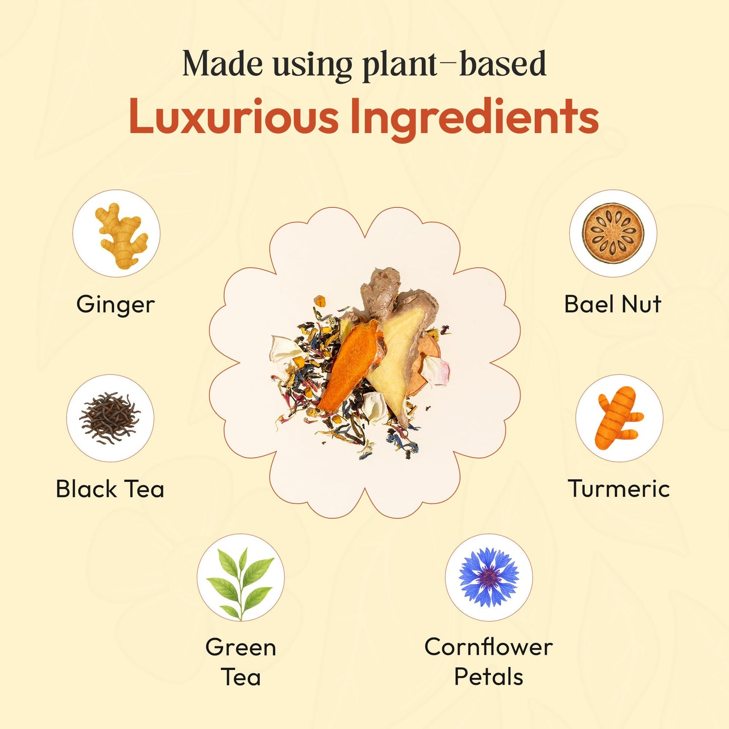 Ginger Turmeric with Black & Green Tea - Blended with Bael Nut & Cornflower Petals - Vegan, Kosher, Non-GMO Low Caffeine - Hot or Iced Herbal Drink