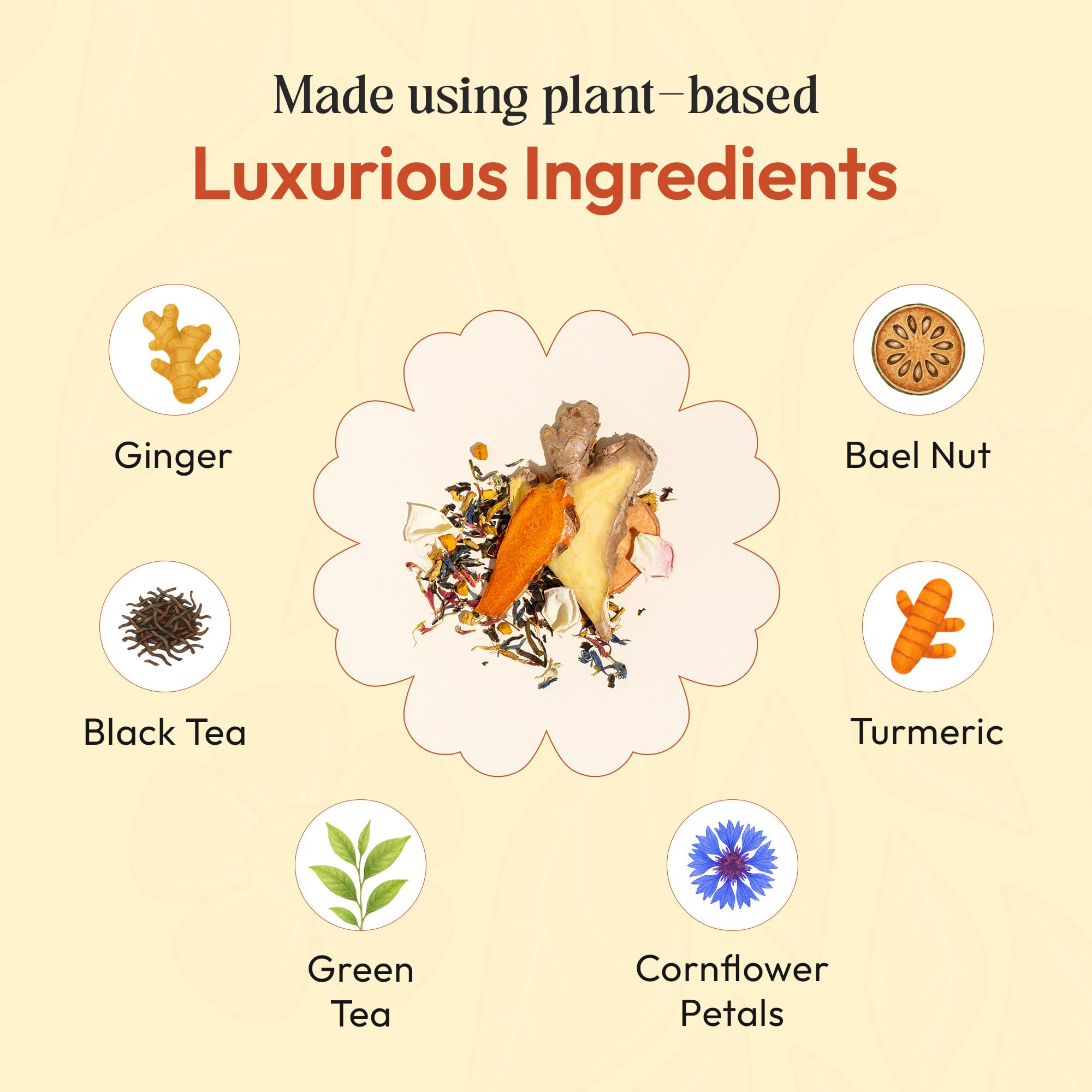 Ginger Turmeric with Black & Green Tea - Blended with Bael Nut & Cornflower Petals - Vegan, Kosher, Non-GMO Low Caffeine - Hot or Iced Herbal Drink