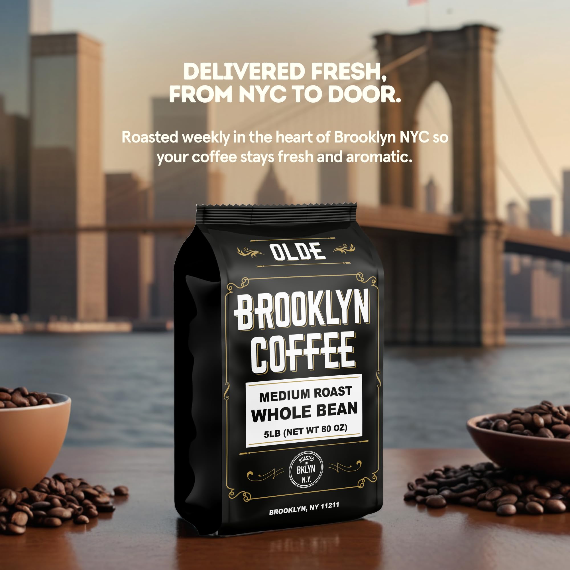 BROOKLYN COFFEE Whole Bean, Classic Medium Roast (5lb) Balanced, Smooth, Mellow - Fresh Bulk Coffee Beans Roasted Weekly in NYC
