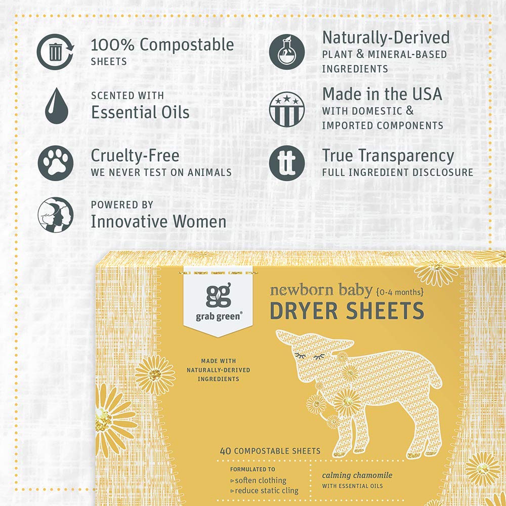 Grab Green Newborn Baby Dryer Sheets - Natural Scent Booster and Fabric Softener to Reduce Wrinkles and Static (Calming Chamomile Scent, 120 Sheets