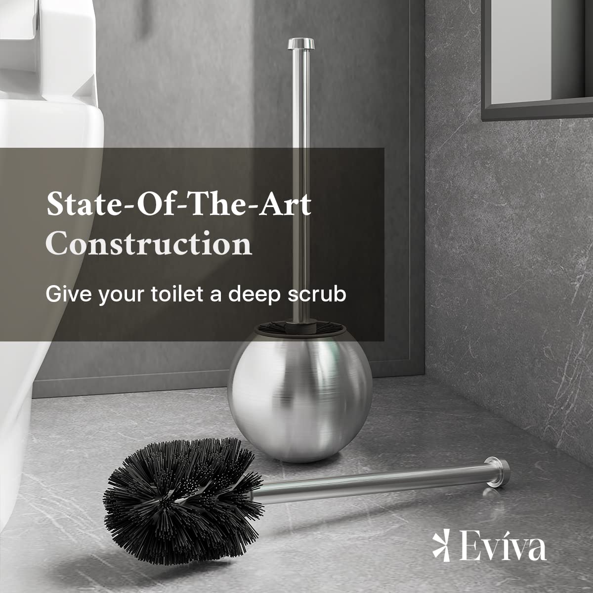 Eviva Elegant Round Toilet Bowl Brush and Holder - Metal Toilet Brushes for Bathroom with Holder - Modern Toilet Bowl Cleaner Brush Accent Piece