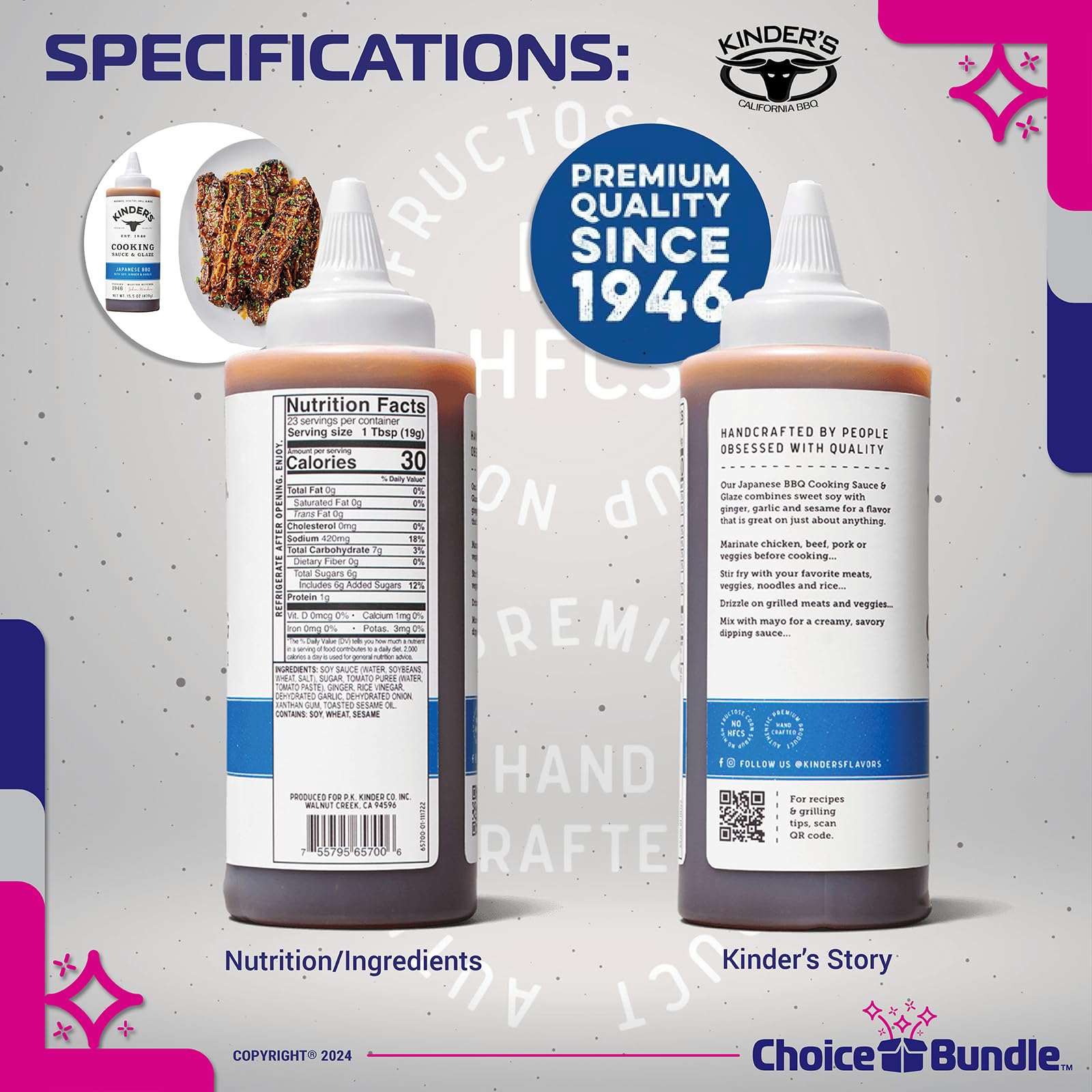 Kinder’s Japanese BBQ Cooking Sauce & Glaze 3 Pk (46.5 oz) - with Soy, Ginger & Garlic to Marinate, Stir-Fry Grill + Barbecue Guide & Bottle Opener (5