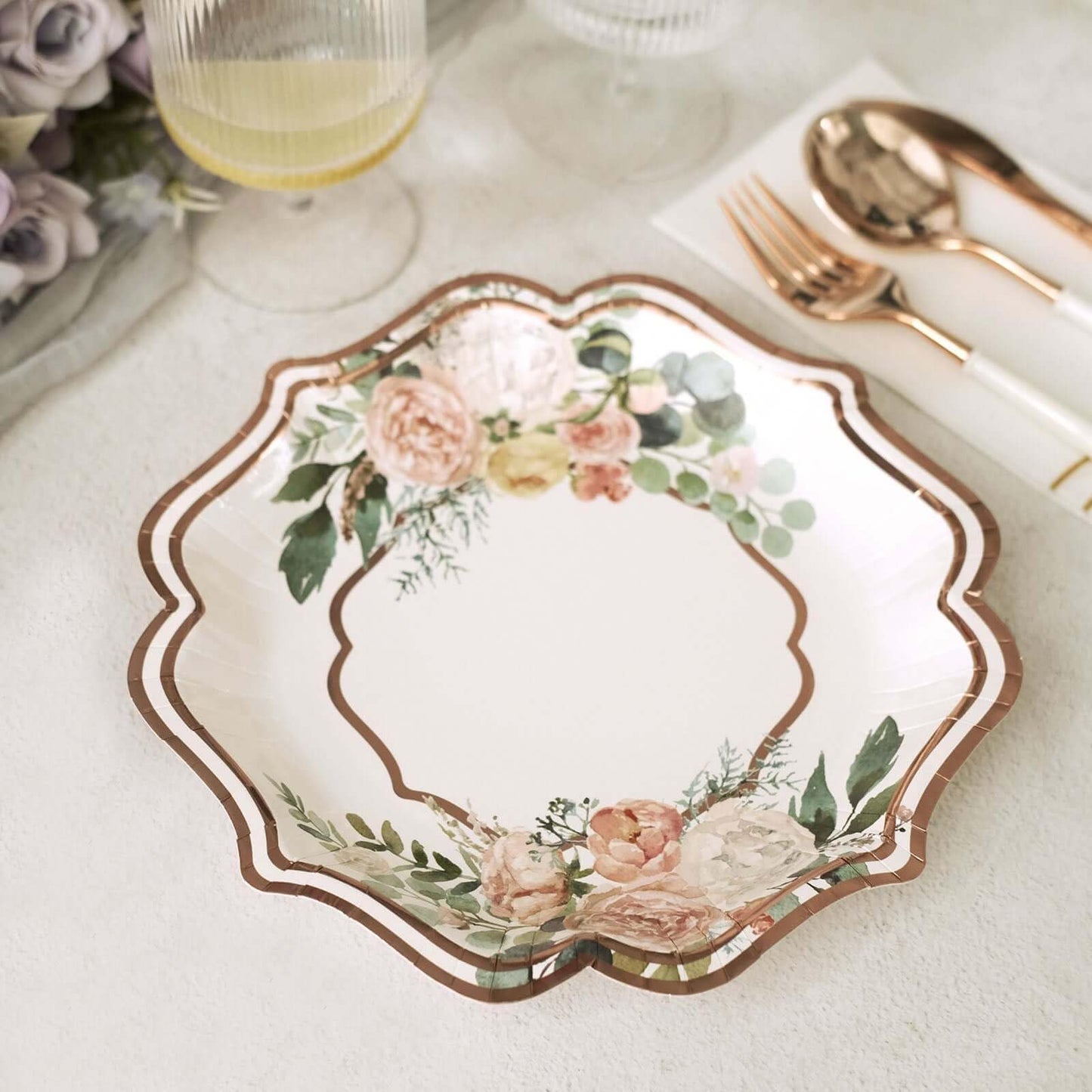 TCF Linen 50 Pack 8" White/Rose Gold Floral Print Scallop Rim Dessert Plates, Disposable Round Paper Appetizer Salad Plates 300 GSM for Party