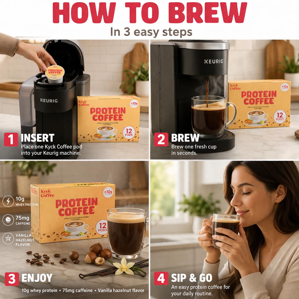 Kyck Protein Coffee K - Cup Pods (12 Count) - 10g Whey Protein per cup Premium High- Protein High Caffeine Colombian Coffee Pods, Vanilla Hazelnut