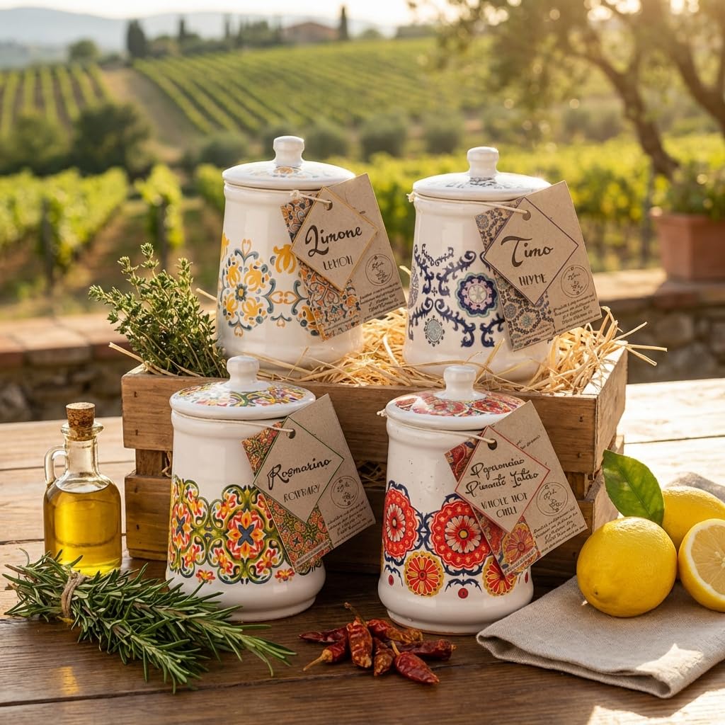 Dried Whole hot Chili Peppers in Italian Handmade Ceramic Jar, Herb, Spice & Seasoning Gifts, ARTIGIANI DEI SAPORI, Product of Italy, Net Weight 0.7
