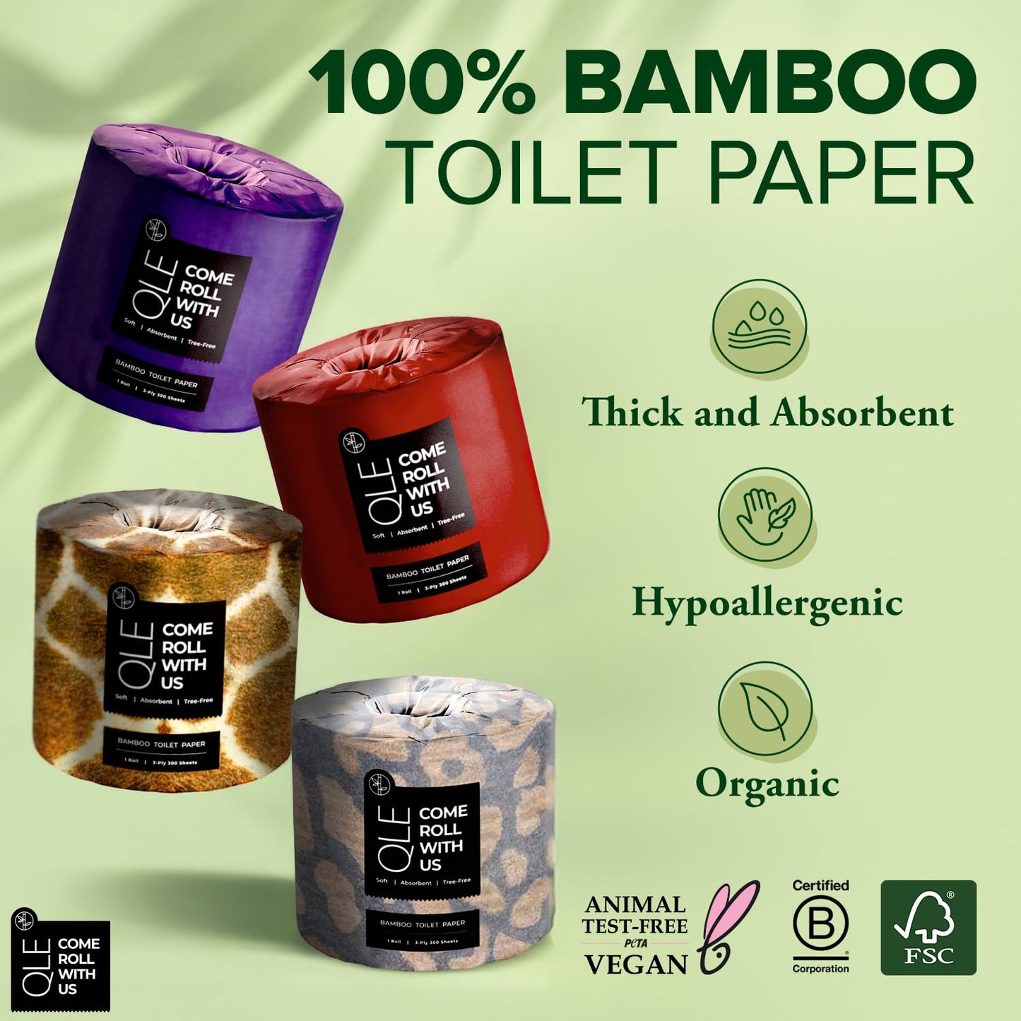 QLE Bamboo Toilet Paper - 16 Pack, 3 Ply, 300 Sheets per Roll - Organic, Hypoallergenic, Compostable, Septic Safe