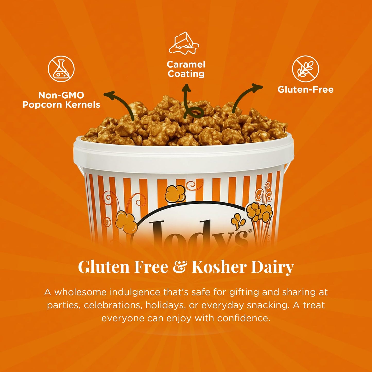 Jody’s Gourmet Caramel Corn Tub 37.5oz - Sweet Crunchy Popcorn Made with Real Butter & Non-GMO Kernels - Gluten Free, Kosher Dairy - Perfect