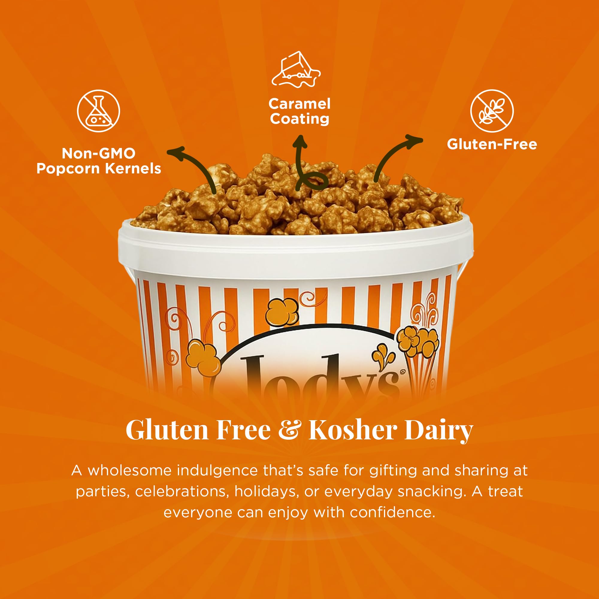 Jody’s Gourmet Caramel Corn Tub 37.5oz - Sweet Crunchy Popcorn Made with Real Butter & Non-GMO Kernels - Gluten Free, Kosher Dairy - Perfect