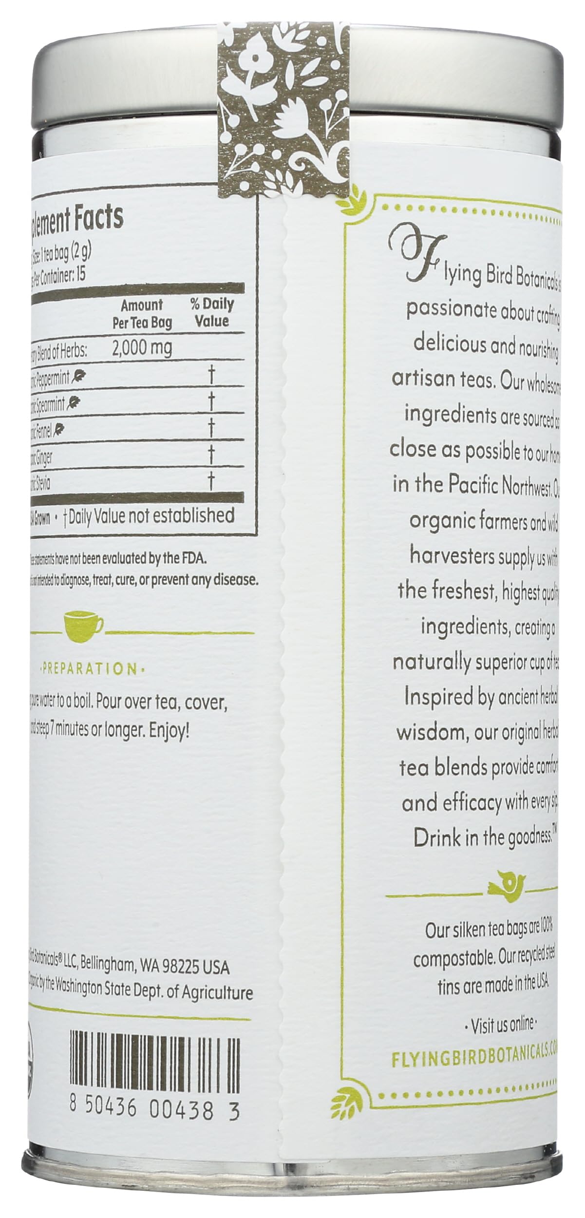 FLYING BIRD BOTANICALS Organic 15 Bag Tin Twilight Mint Tea, 15 CT