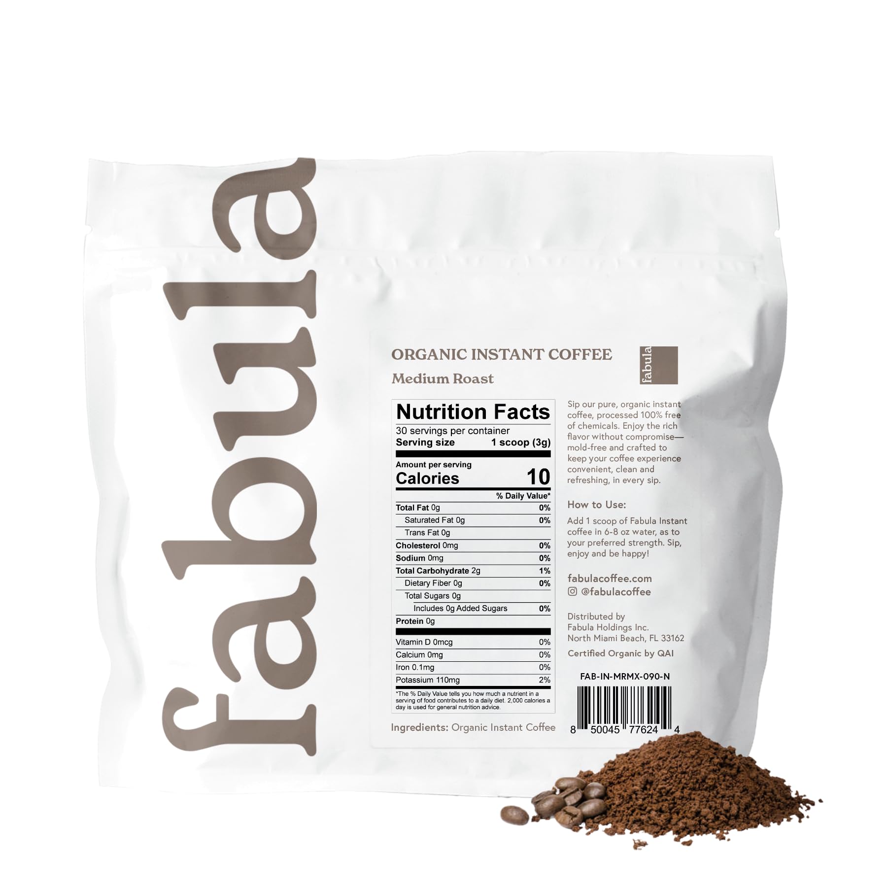 Fabula Organic Instant Coffee, Low Acid, Mold Free - Medium Roast, 90g, Convenient & Delicious