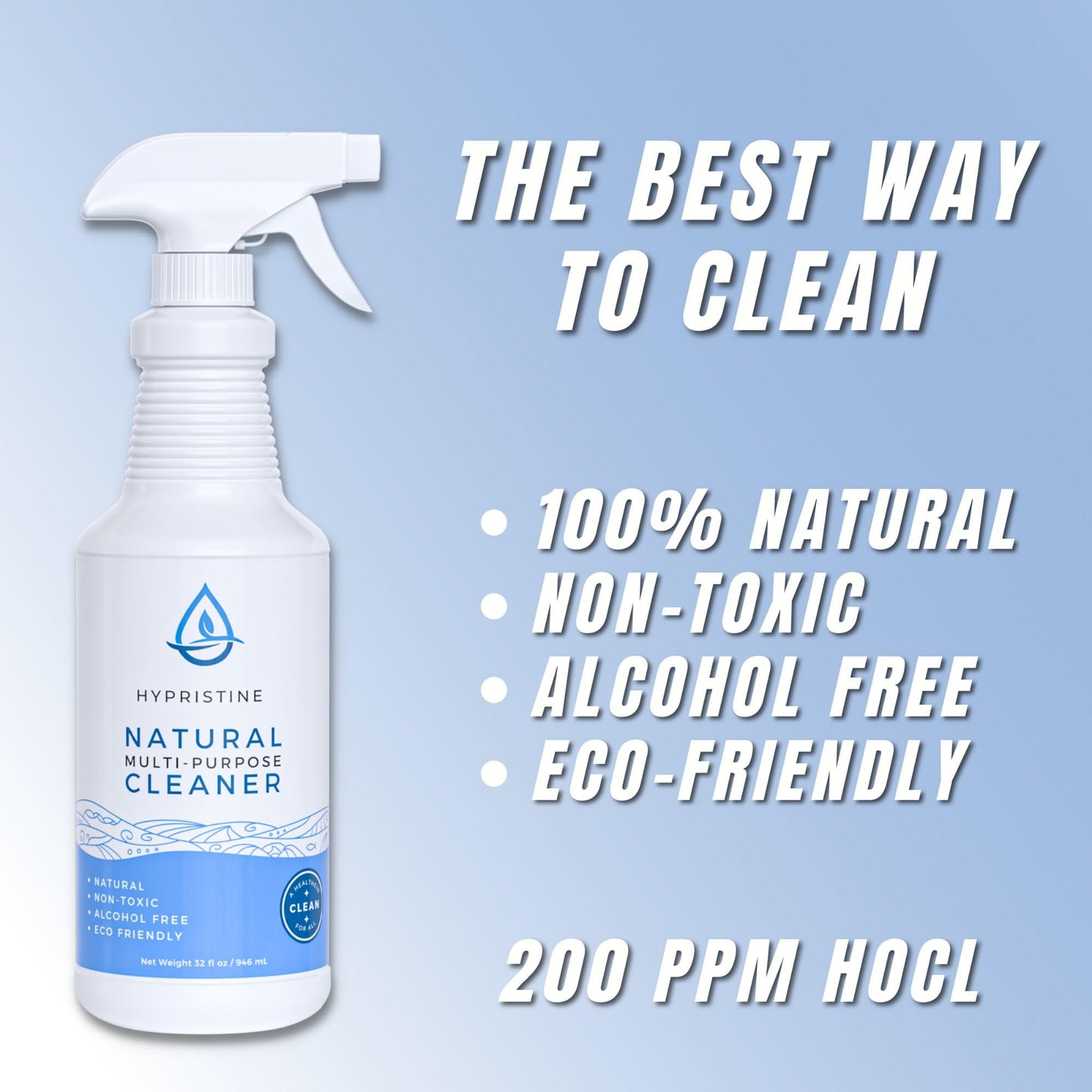 HYPRISTINE PURE Hypochlorous Acid Spray, Multi-Purpose Cleaner, Superior Shelf Life, 0% Bleach, 0% Alcohol, Food Contact Safe, Eliminate Non-Living
