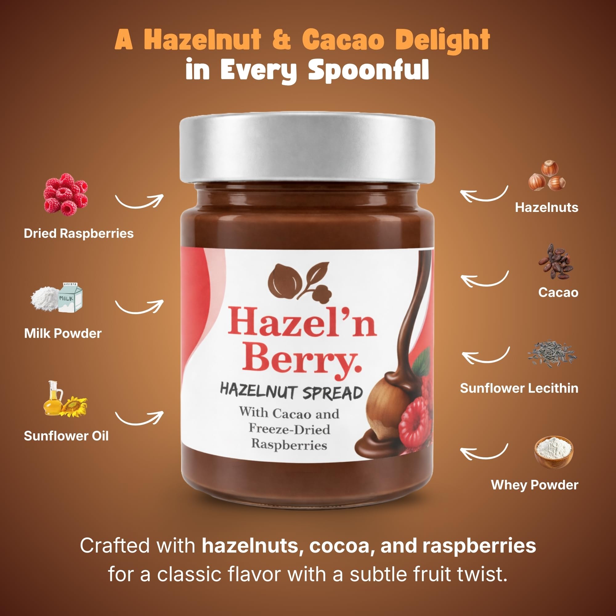 Hazel’n Berry Hazelnut Cacao Spread with Freeze-Dried Raspberries, Creamy Chocolate Hazelnut Spread, No Palm Oil, Breakfast Favorite 12.34 oz Jar