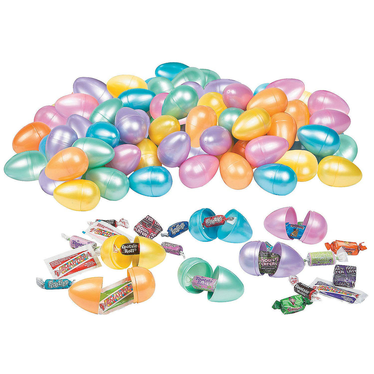 Fun Express Bulk Shimmer Plastic Easter Eggs Prefilled with Candy 1000 Pieces - 2.5 Inch Shiny Pastel Candy Filled Eggs for Kids Easter Egg Hunt