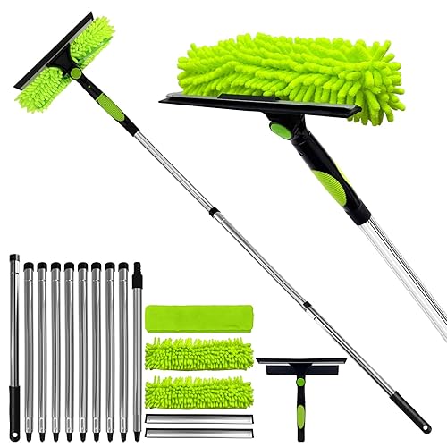 Professional 152" Window Squeegee Cleaner Tool with Extension Pole, 2-in-1 Squeegee for Window Cleaning Kit with Scrubber and Rotating Head, Window