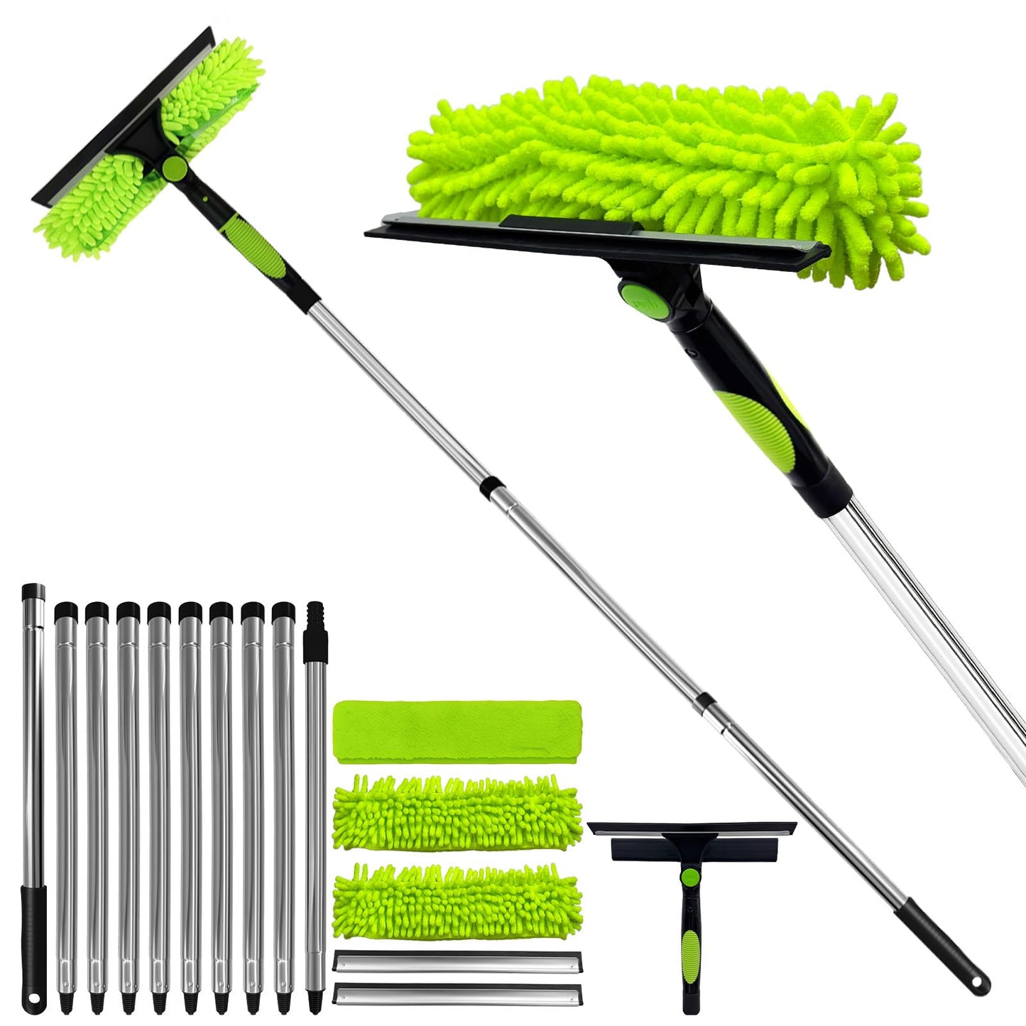 Professional 152" Window Squeegee Cleaner Tool with Extension Pole, 2-in-1 Squeegee for Window Cleaning Kit with Scrubber and Rotating Head, Window