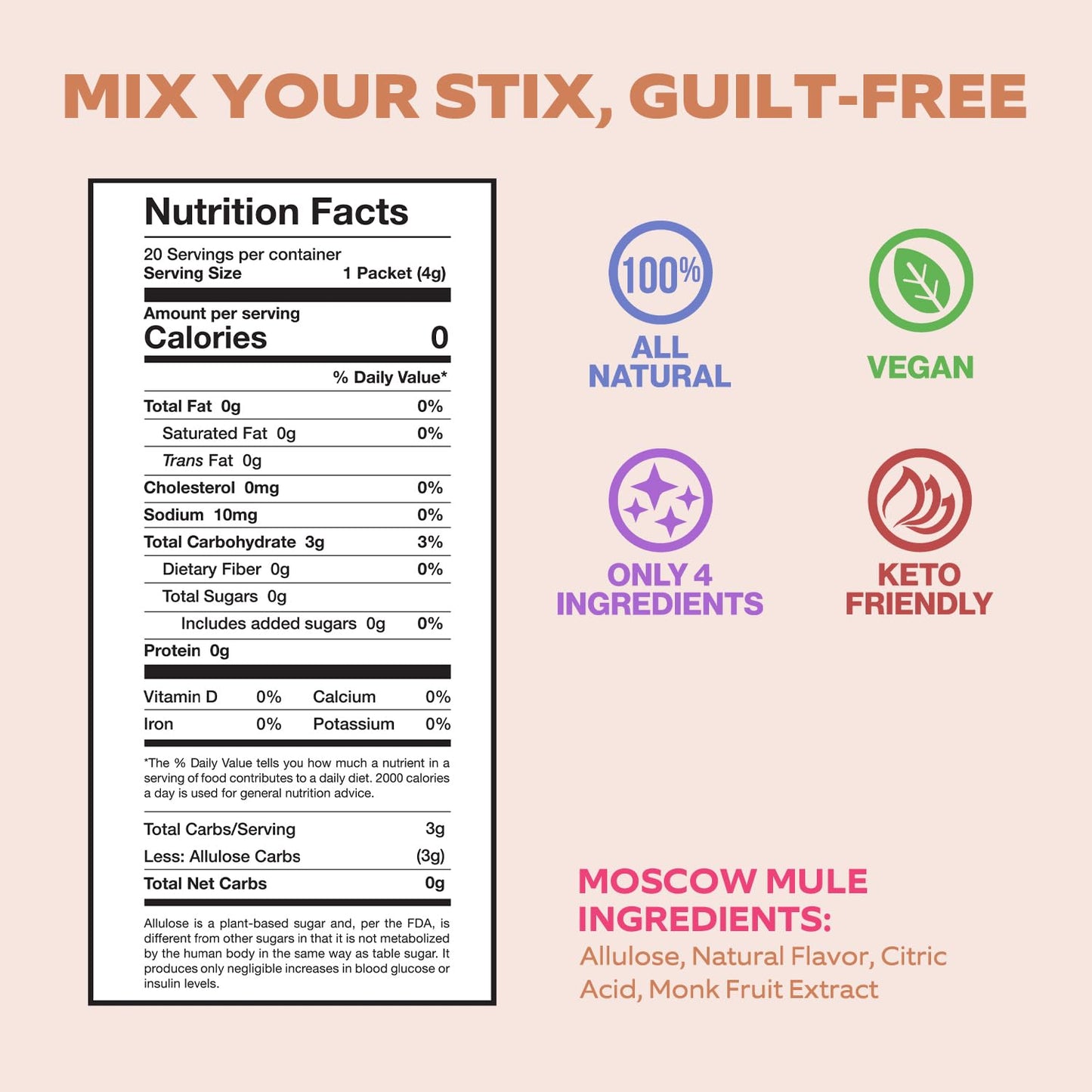 Cocktail Stix Zero Sugar Moscow Mule Mixer - Cocktail & Mocktail Drink Mixer - Skinny Mixes - Water Flavoring Packets - Vegan - No Calories, No Carbs