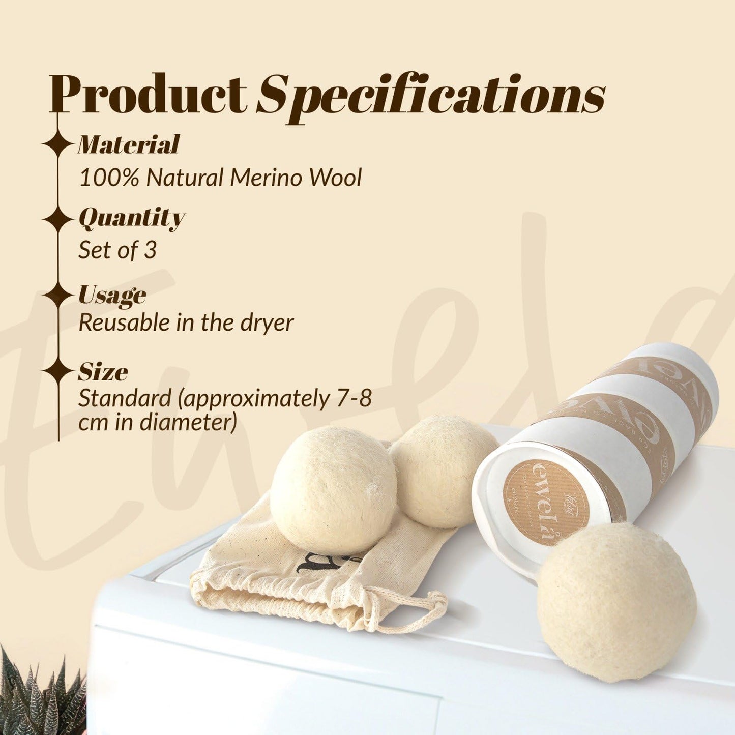 Ewela 100% Natural Merino Wool Dryer Balls, Set of 3, Reusable Chemical-Free Fabric Softener, Natural White, 7-8 cm Diameter