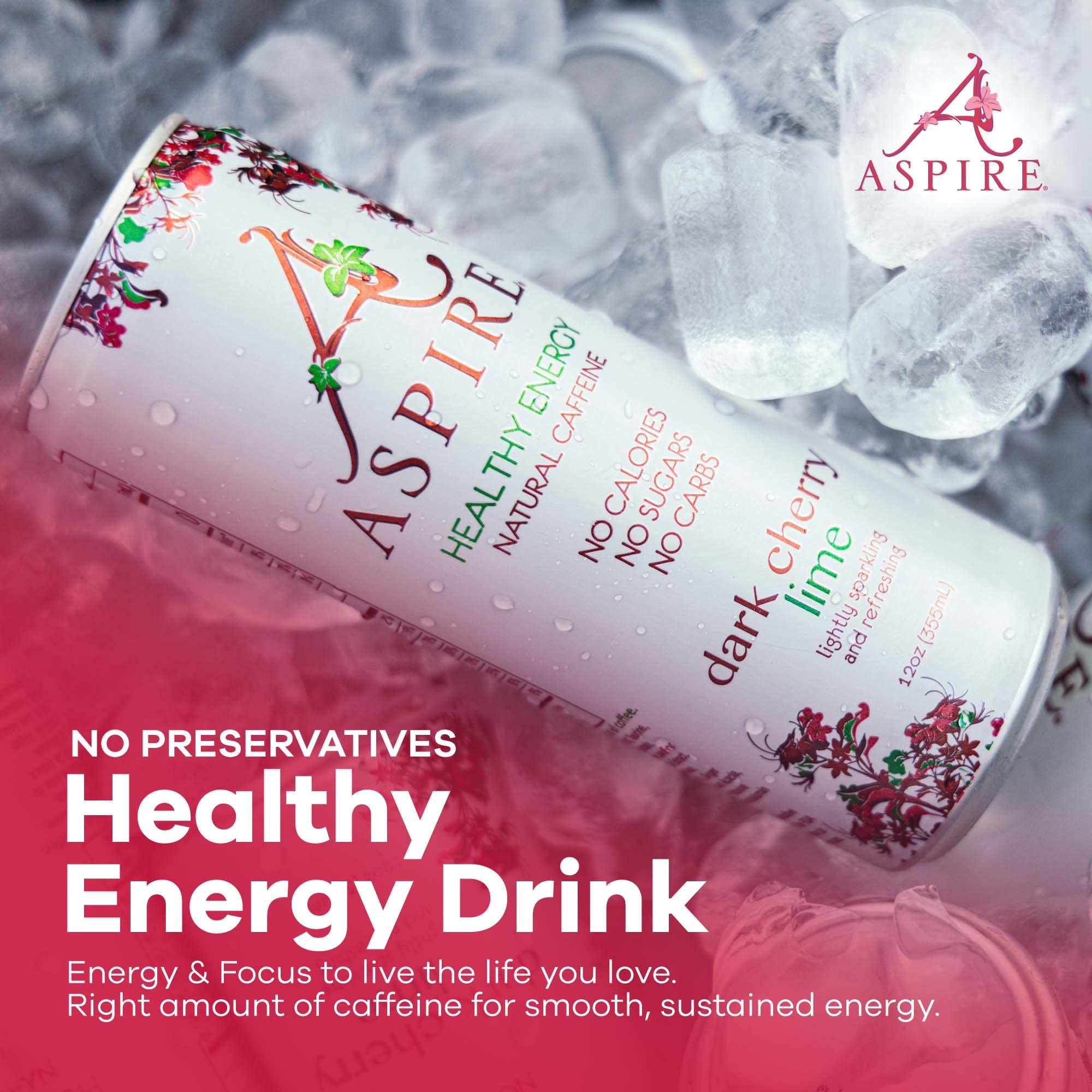 Aspire Dark Cherry Lime, Healthy Energy Drink, Natural Caffeine from Green Tea, Keto-Friendly, Sugar-Free, Zero Calories, 12 fl oz Cans (Pack of 24)