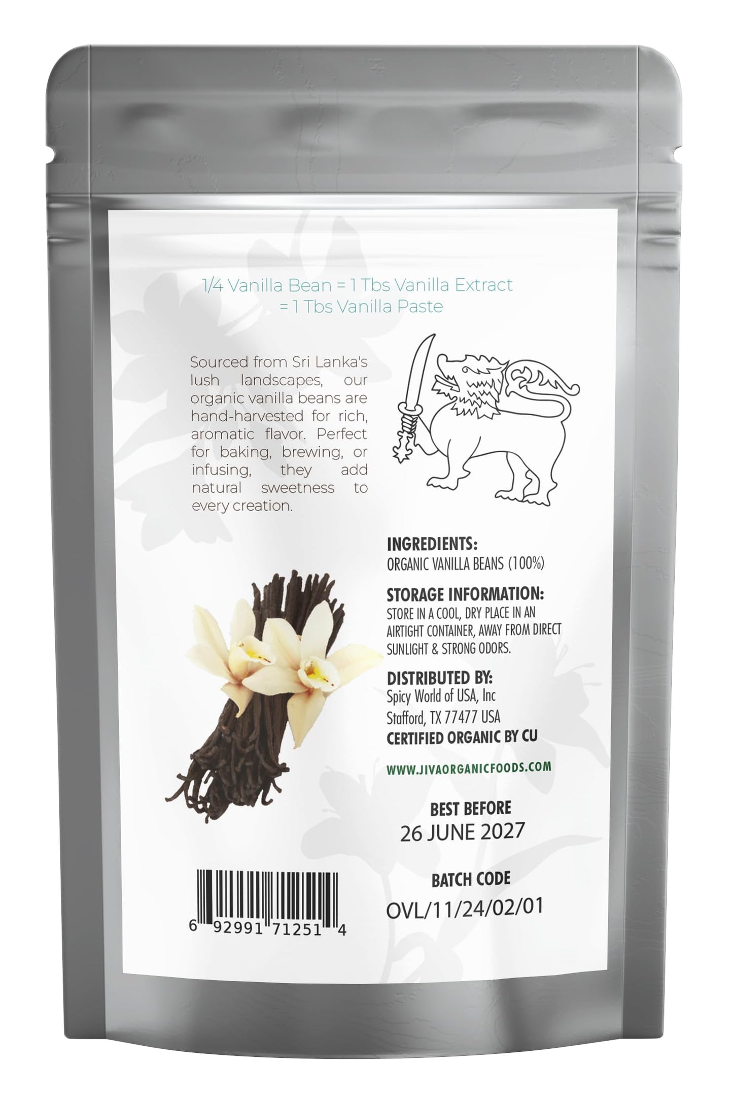 Jiva Organic Vanilla Beans 25 Count Large - Premium Grade A Ceylon Pods from Sri Lanka - Non-GMO, All-Natural, Hand-Cured for Baking, Cooking