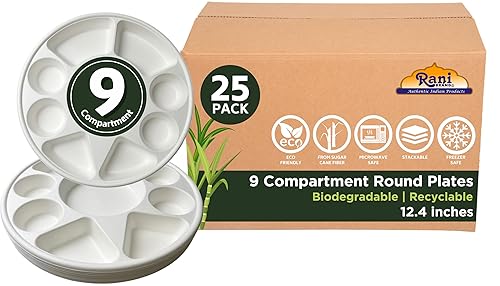 Rani 9 Compartment Round Biodegradable Divided Plates, Pack of 25 ~ Party, Thali, Buffet | Disposable & Eco-Friendly | Heavy-Duty Sturdy Paper Bagasse