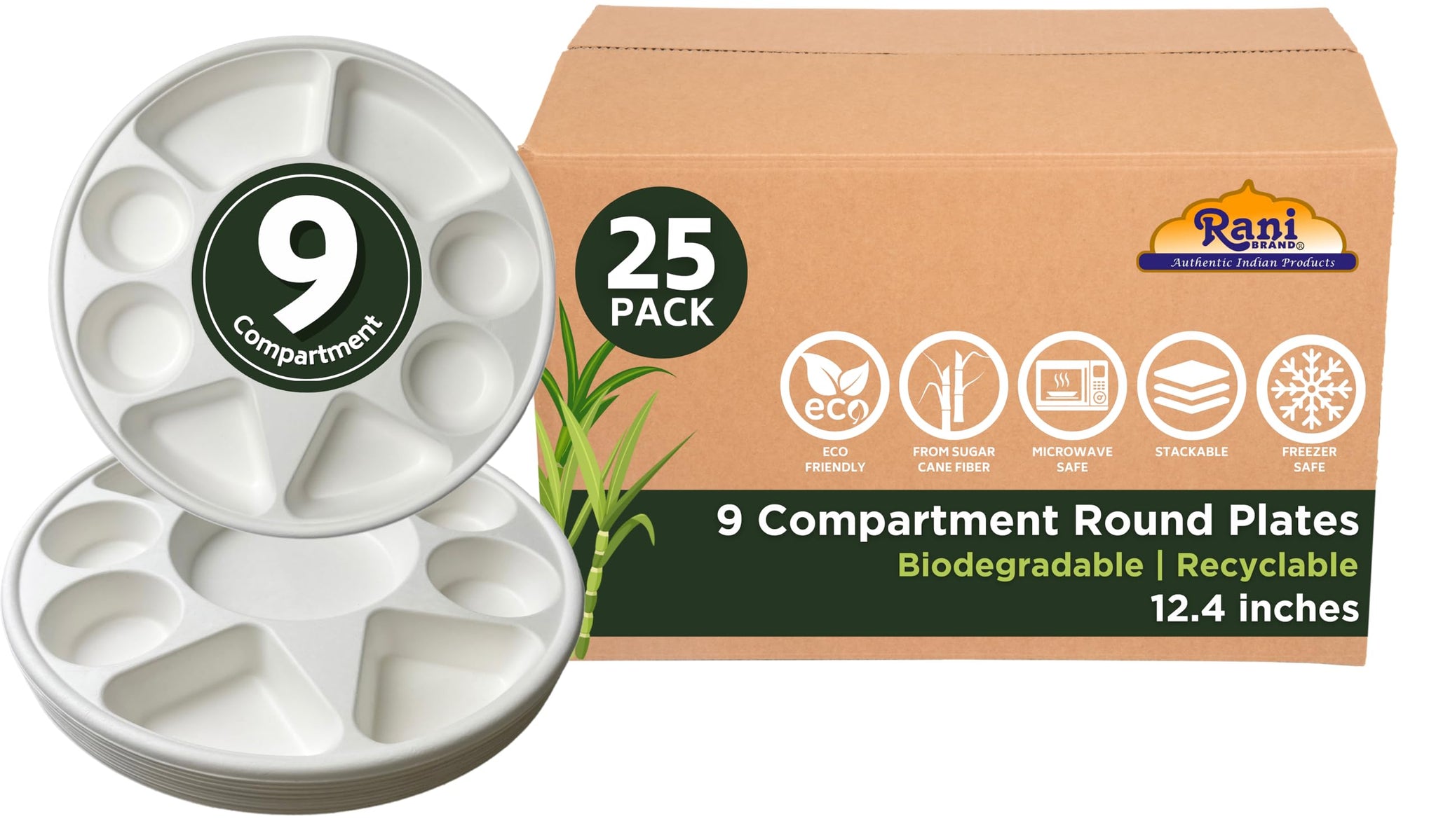 Rani 9 Compartment Round Biodegradable Divided Plates, Pack of 25 ~ Party, Thali, Buffet | Disposable & Eco-Friendly | Heavy-Duty Sturdy Paper Bagasse