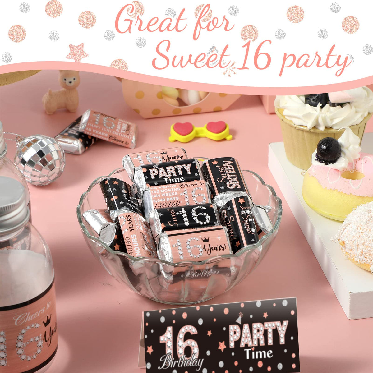 Zonon 180 Pcs Sweet 16 Birthday Candy Bar Wrappers, Mini Chocolate Stickers