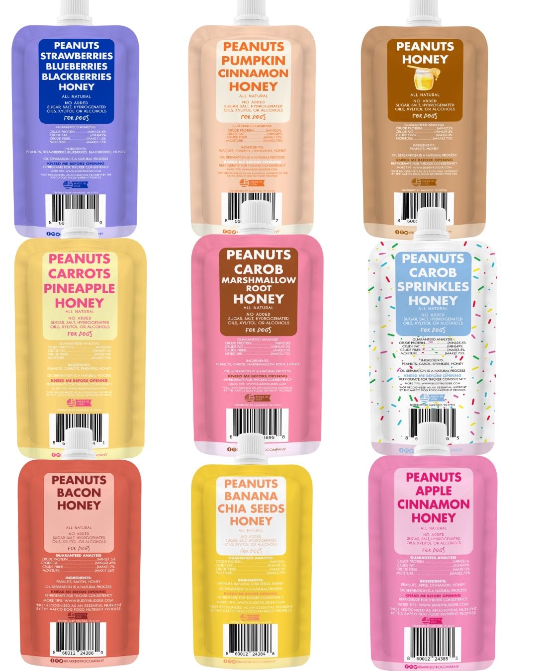 BUDDY BUDDER Dog Peanut Butter, 9 Pack Mixed Flavors, 4oz Pouches Dog Peanut Butter, Made in USA