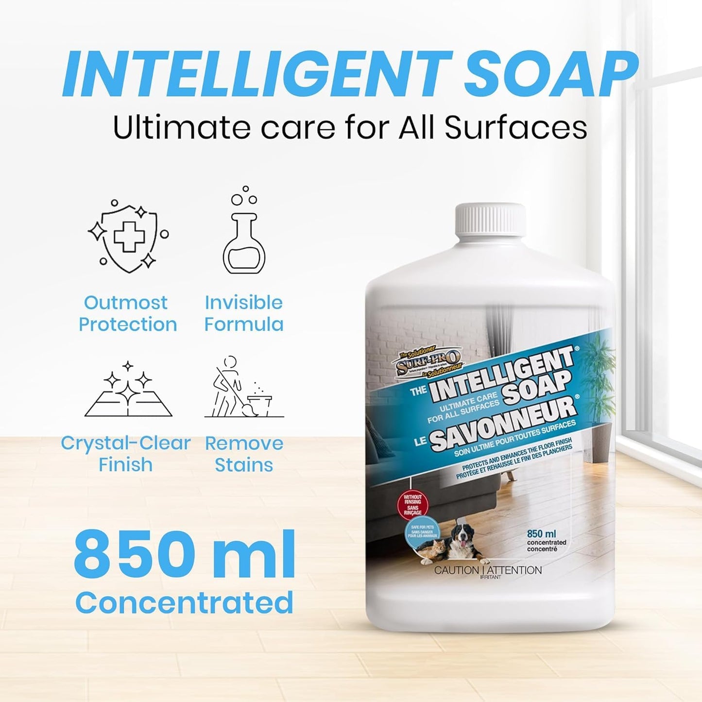 SURF PRO Floor Cleaner Concentrate for All Surfaces, no-rinse formula protects and enhances finish, 850 ml, pet safe, Intelligent Soap