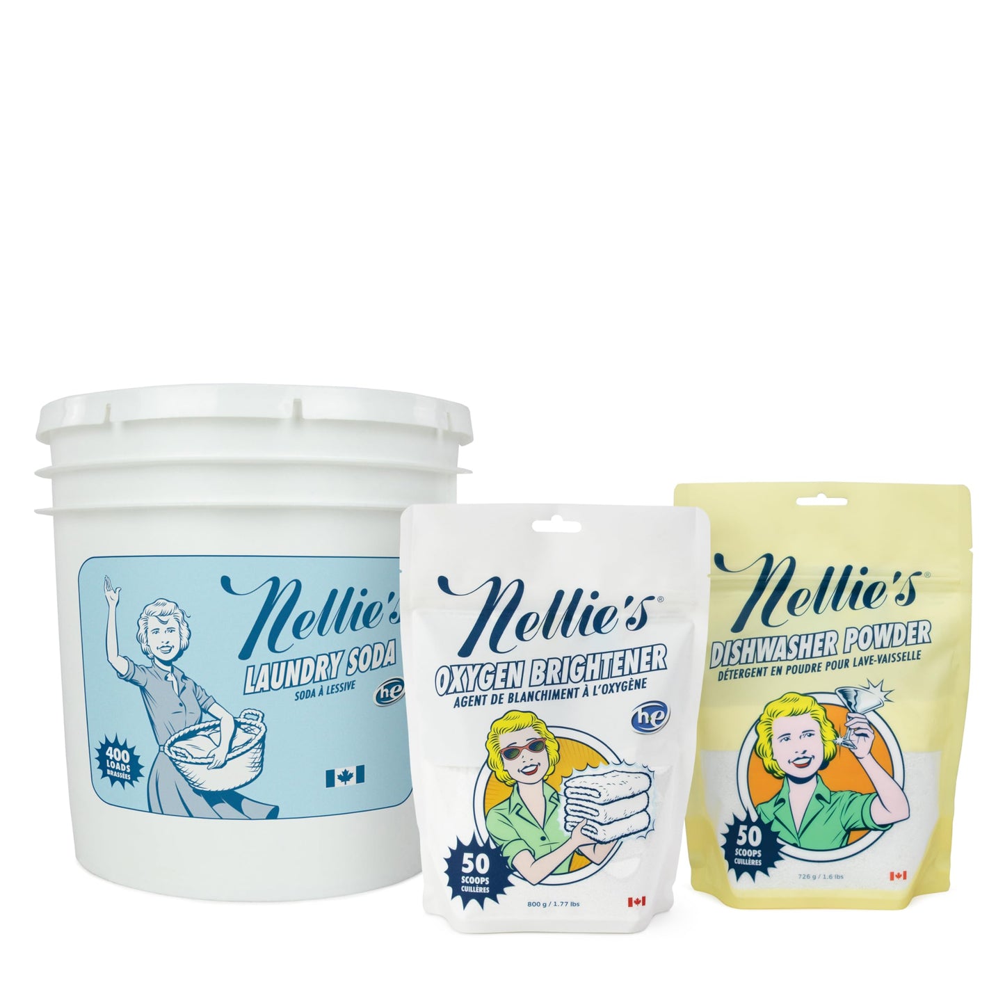 Nellie’s 400 Load Laundry Bundle - Complete Laundry & Dishwasher Kit with 400 Loads Laundry Soda, 50 Loads Oxygen Brightener & 50 Loads Dishwasher