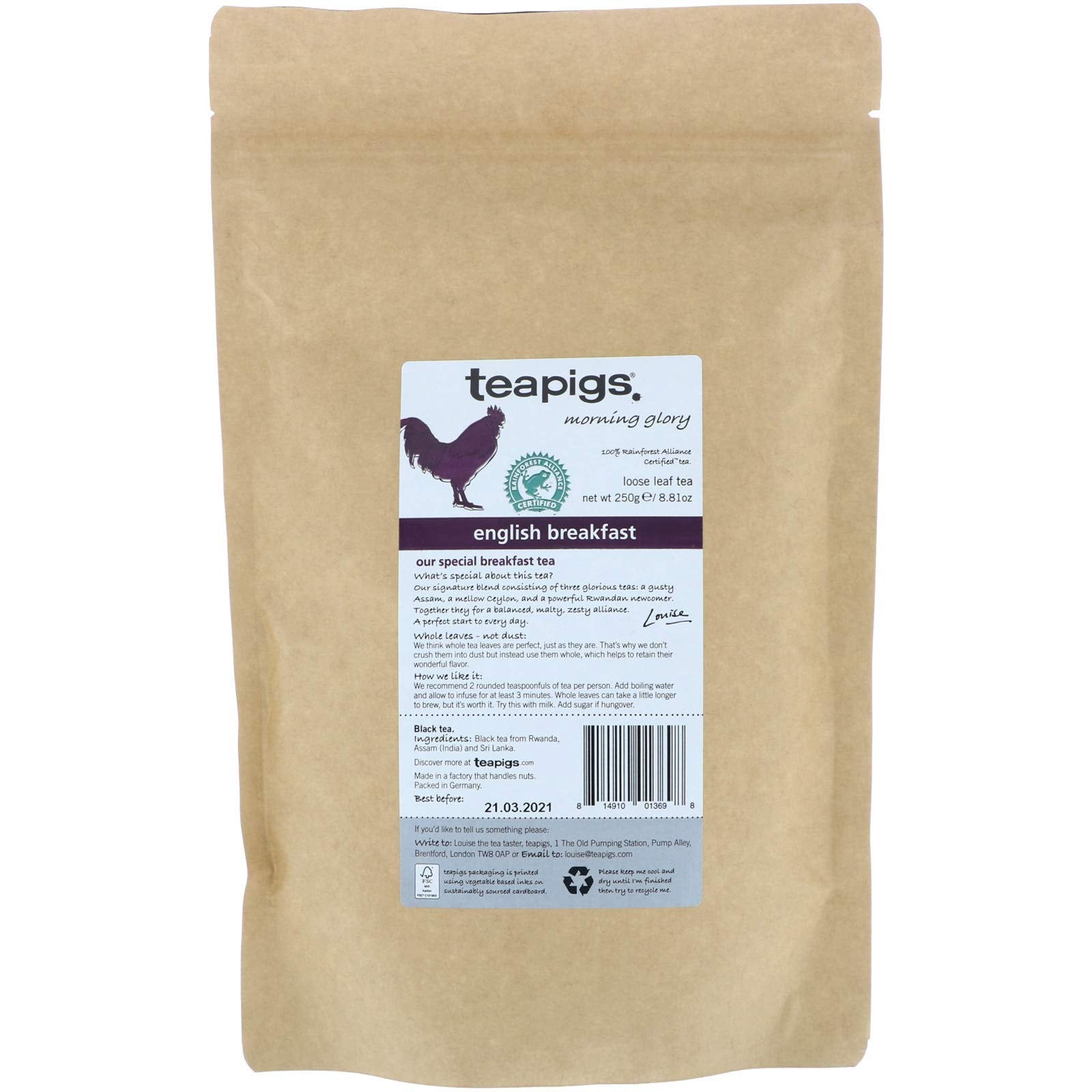 Teapigs English Breakfast Black Loose Tea Made With Whole Tea Leaves, Natural Ingredients, Non-GMO, Bold Morning Flavor – 1 Pack of 250g Loose Tea